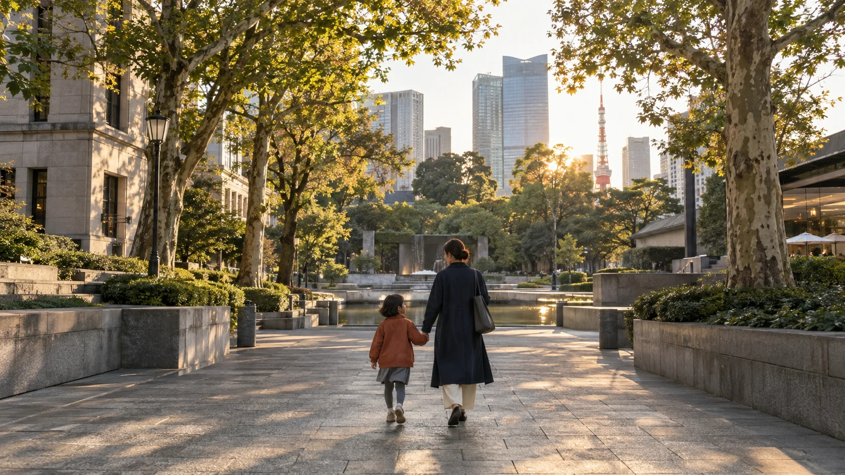 港区の街を歩く親子。MINATONの紹介イメージ