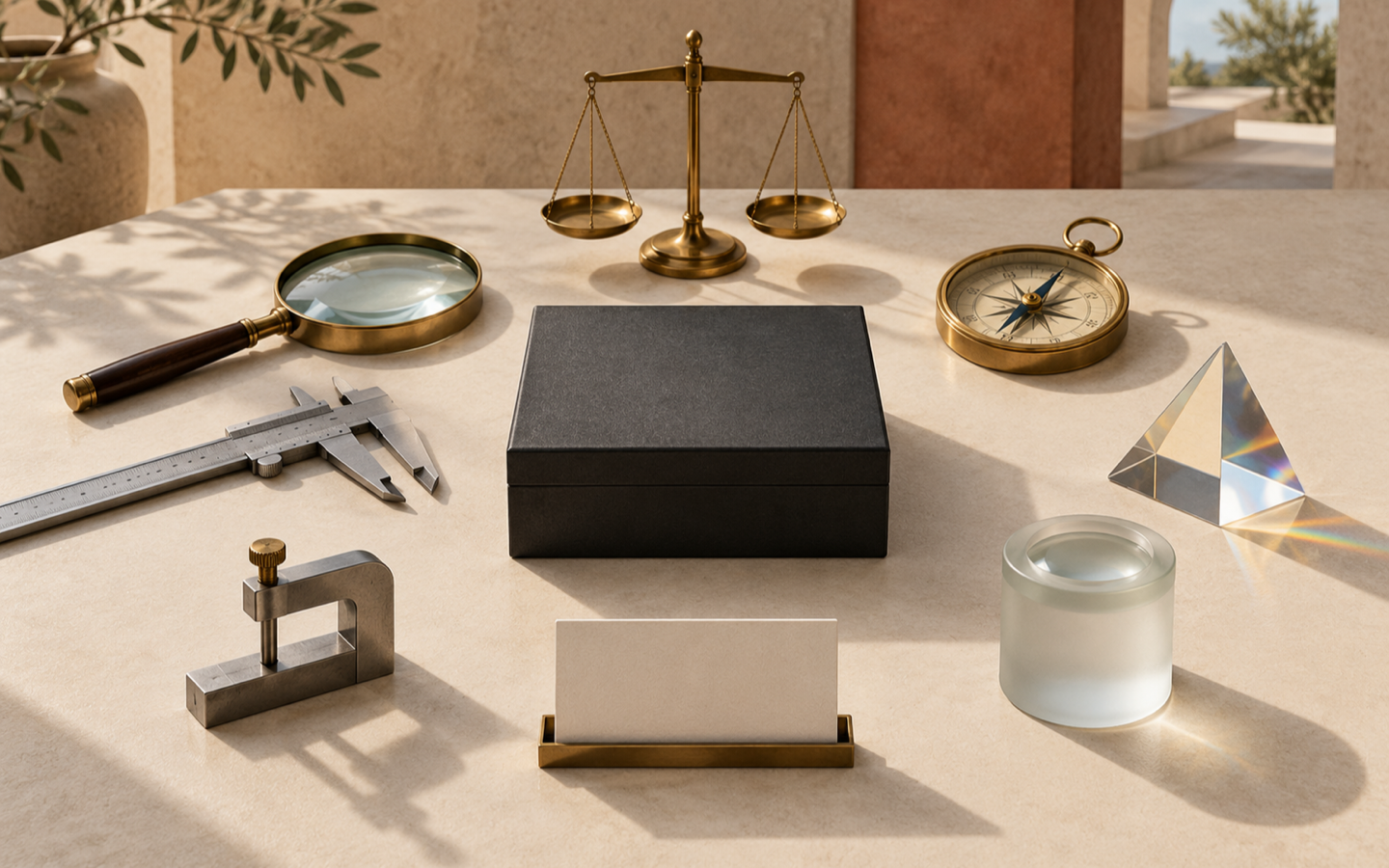 黒い箱の周囲に、虫眼鏡、ノギス、秤、コンパス、プリズムなどの点検器具が配置された静物