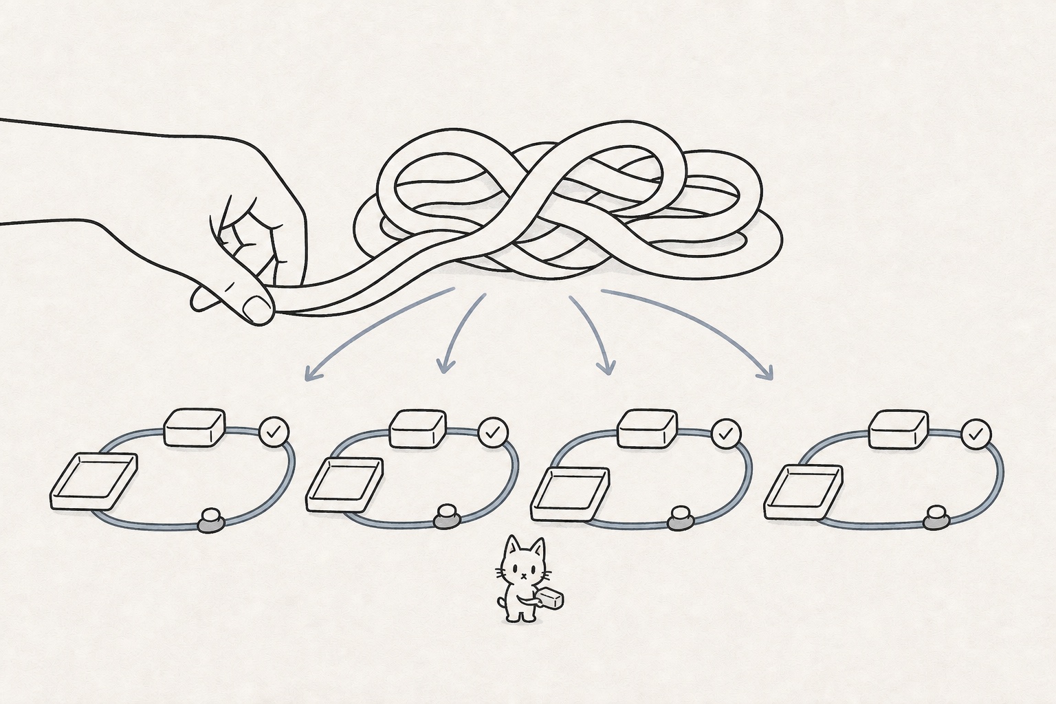 絡まった大きな仕事を四つの小さな検証ループへ分ける図