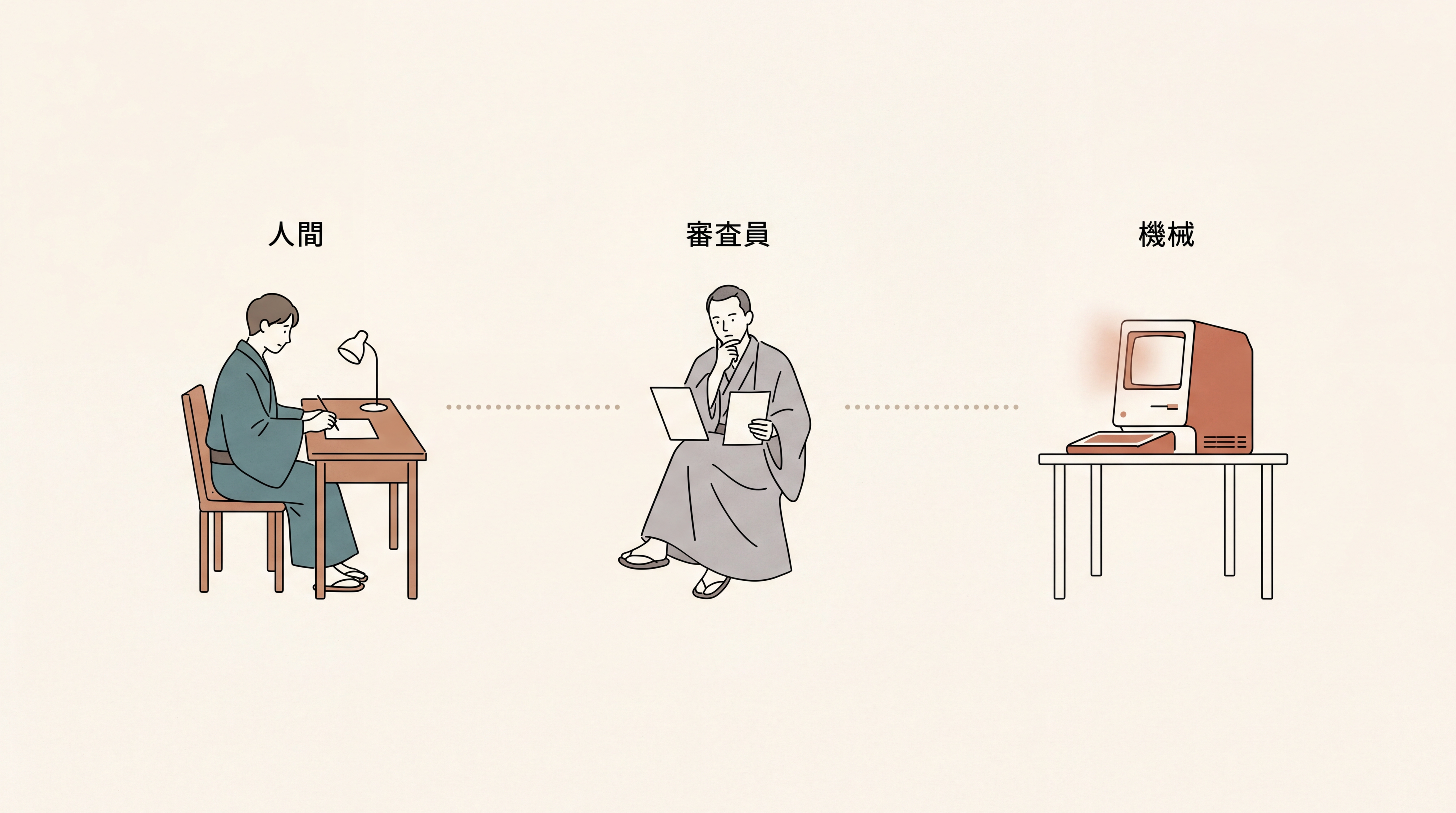 模倣ゲームの三者図。中央の審査員が左の人間と右のコンピュータの両方とテキスト会話している様子を、ベージュ背景に線画で描いた概念図