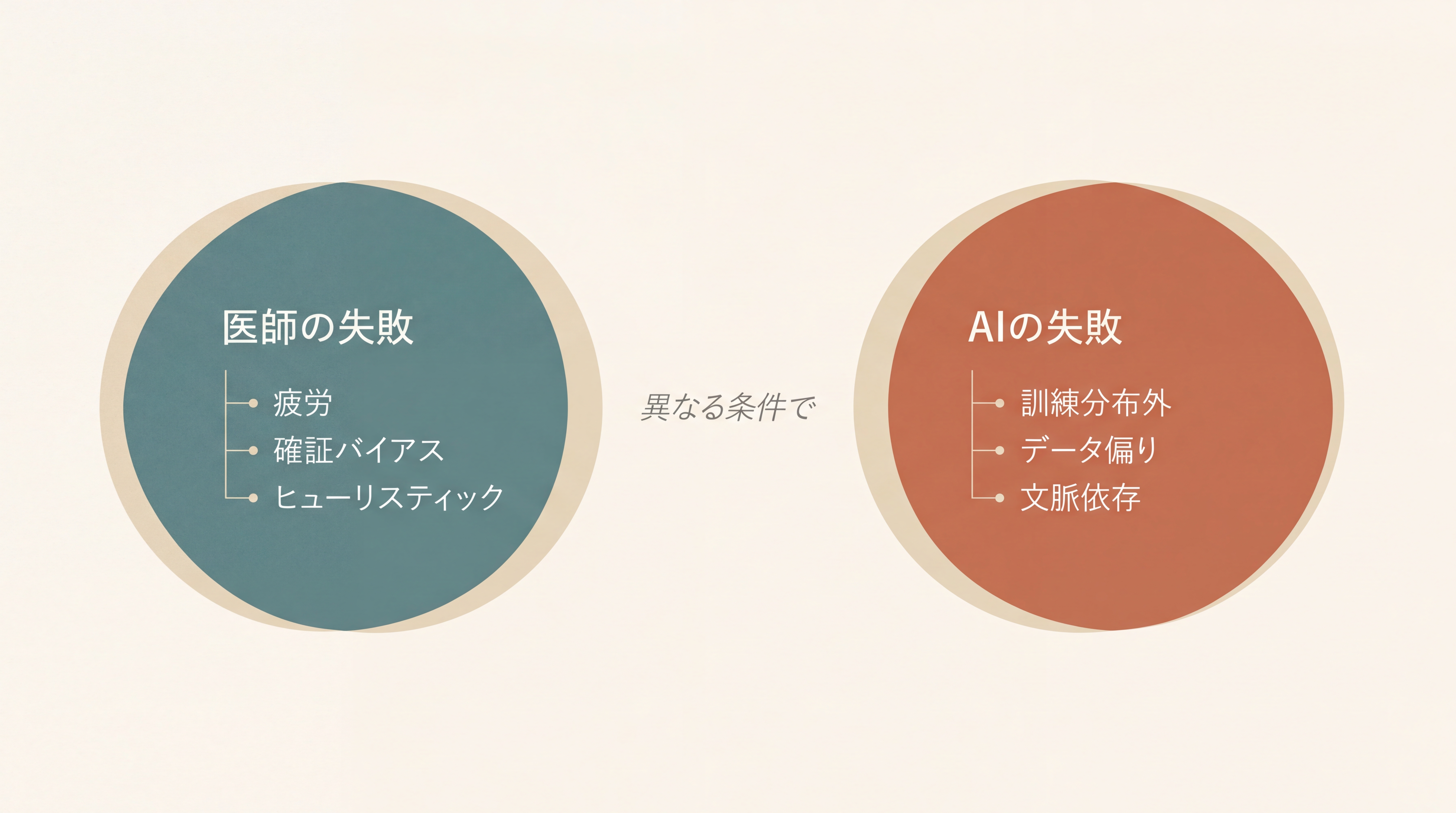 左右対比の概念図。左は『AIが失敗するパターン』（訓練分布外、稀少疾患、文脈依存）、右は『人間医師が失敗するパターン』（疲労、ヒューリスティック、確証バイアス）。中央に交差せず分離した重なりのベン図
