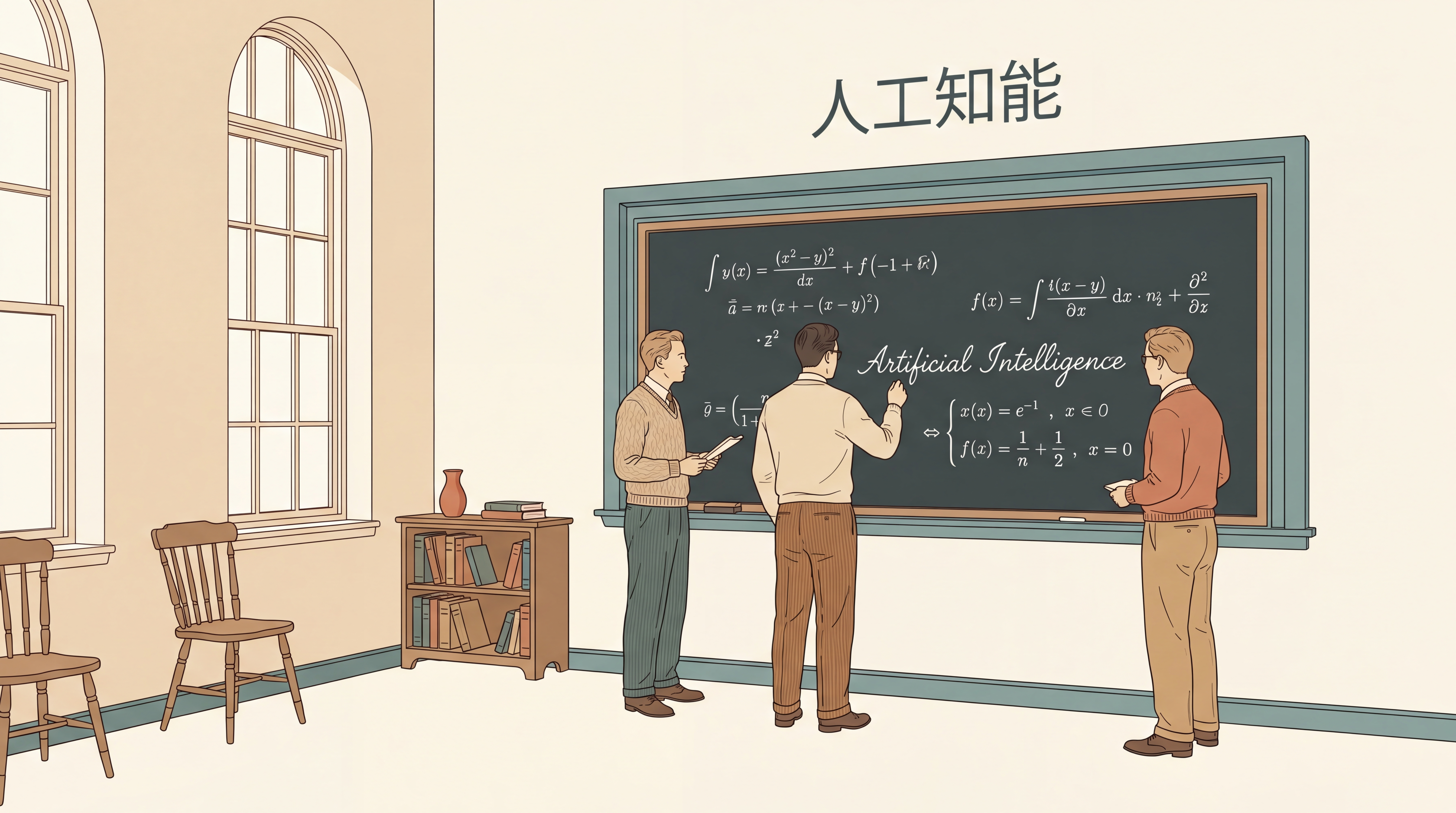 1956年夏のダートマス大学キャンパスで4人の研究者（マッカーシー・ミンスキー・ロチェスター・シャノン）が黒板の前で議論しているシーン。黒板には『Artificial Intelligence』の文字と簡素な数式が書かれている、Ark Journal調の編集イラスト