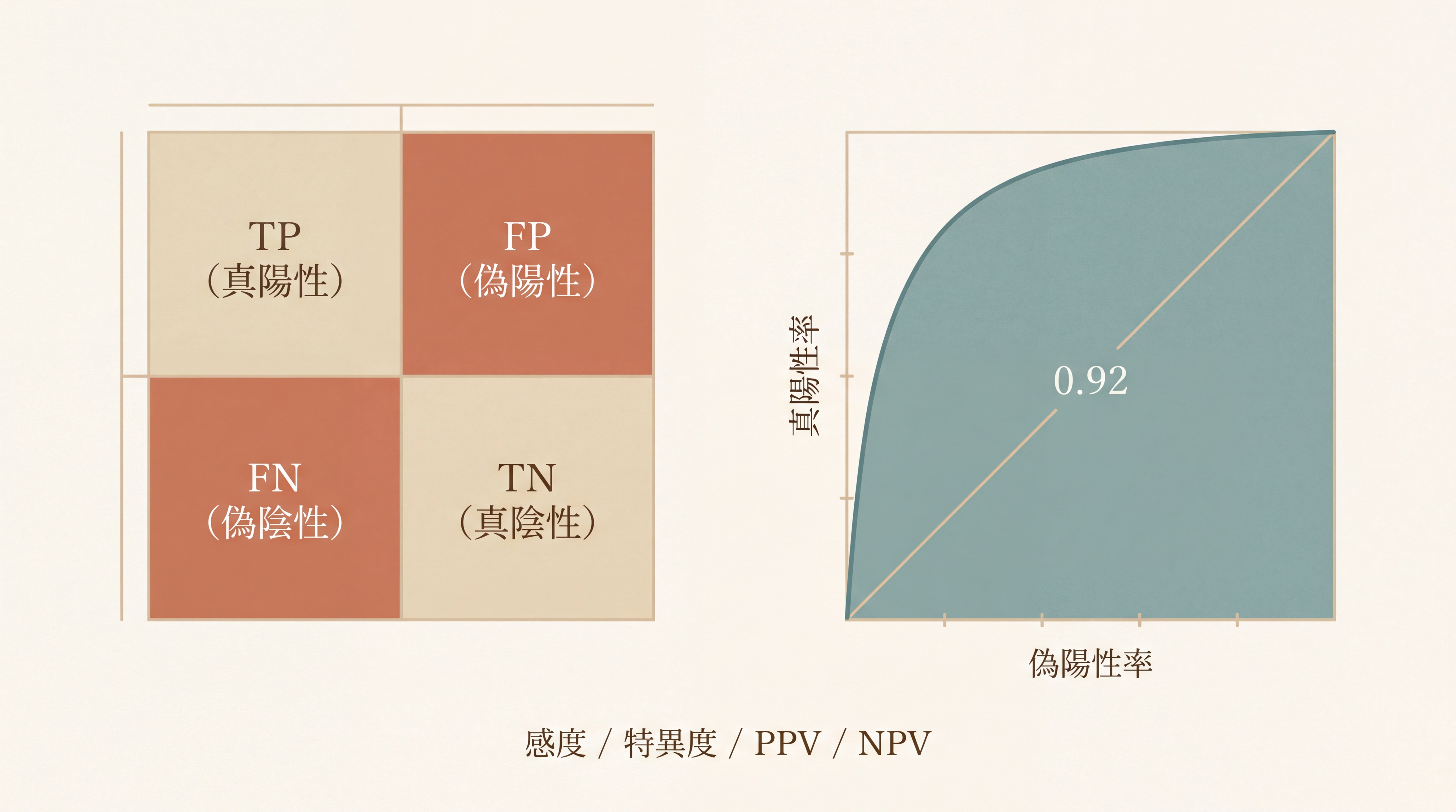 評価指標の概念図。左半分に2x2の混同行列（TP/FN/FP/TN）、各セルに色分けと医療例。右半分にAUC-ROC曲線のグラフ、横軸『偽陽性率』、縦軸『真陽性率』、緩やかな上昇曲線とAUC値の数値。下部に『感度・特異度・PPV・NPV』の用語整理