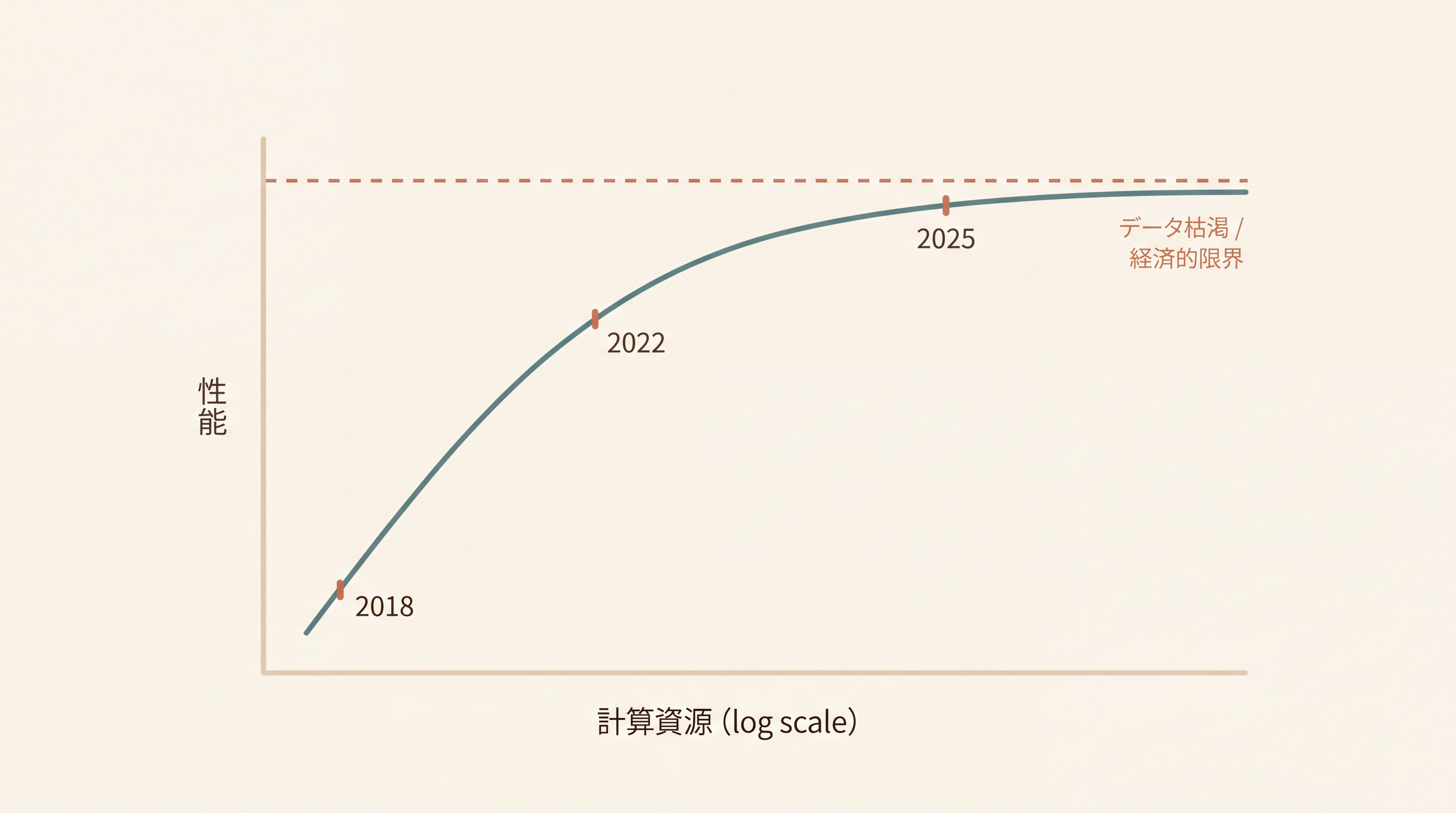 スケーリング則と頭打ちを示す折れ線グラフ。横軸『計算資源（log）』、縦軸『性能』。曲線が最初は急峻に上昇し、徐々に緩やかになり、最終的にほぼ水平に近づく（asymptote）。曲線上に『2018年』『2022年』『2025年』の年マーカー。右上の漸近線付近に『データ枯渇・経済的限界』の注釈