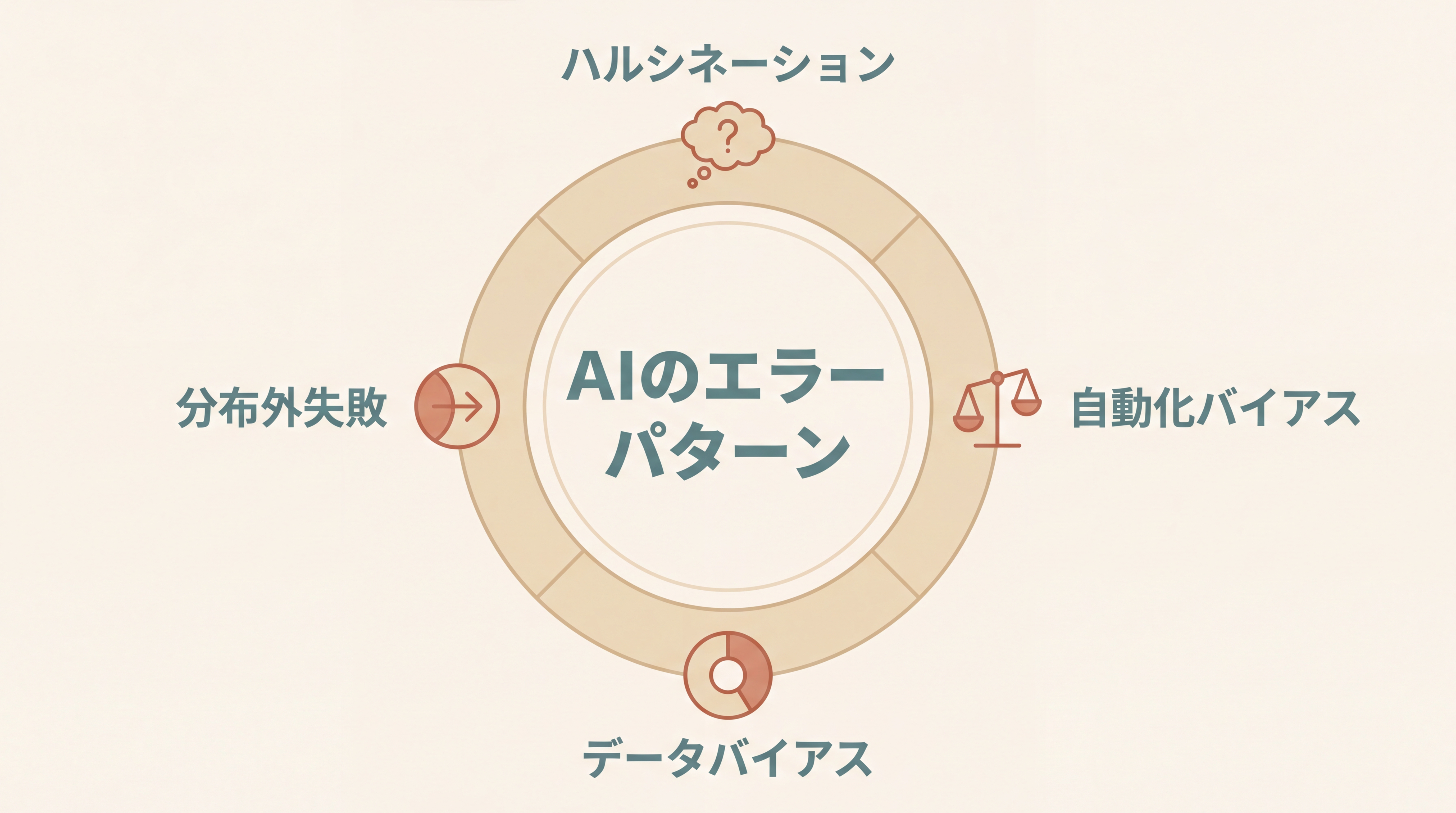 AIのエラーパターンを可視化したヘッダー画像。中央に大きな円形ダイヤルがあり、4つの方向に4種類のエラー（ハルシネーション・自動化バイアス・データバイアス・分布外失敗）のラベル。各方向に小さなアイコン。Ark Journal調
