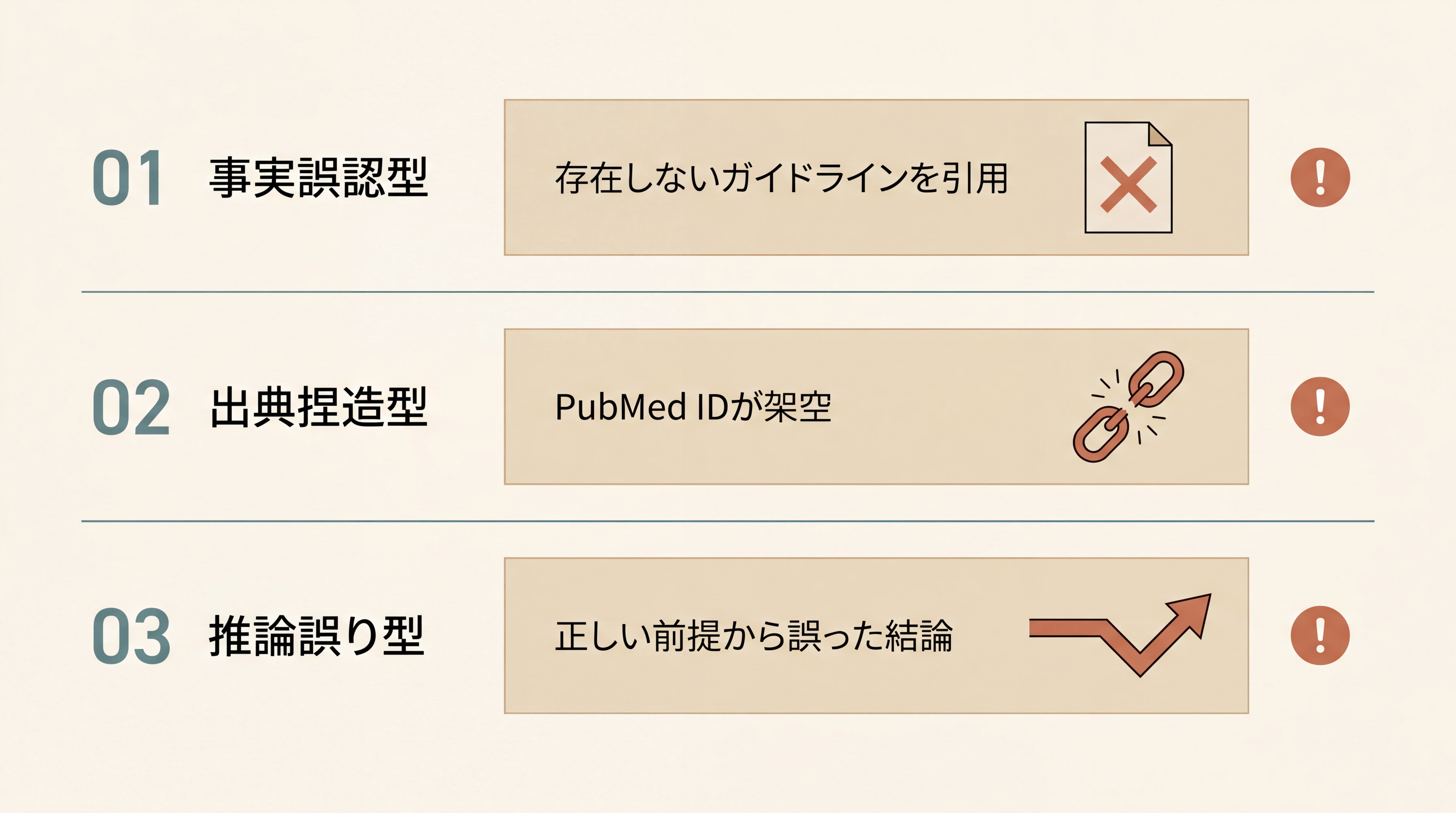 ハルシネーションの3分類を示す概念図。3つの行に分かれ、各行に種類名と医療例。1行目『事実誤認型』例『存在しないガイドラインを引用』。2行目『出典捏造型』例『PubMed IDが架空』。3行目『推論誤り型』例『正しい前提から誤った結論』。各行に小さな警告アイコン