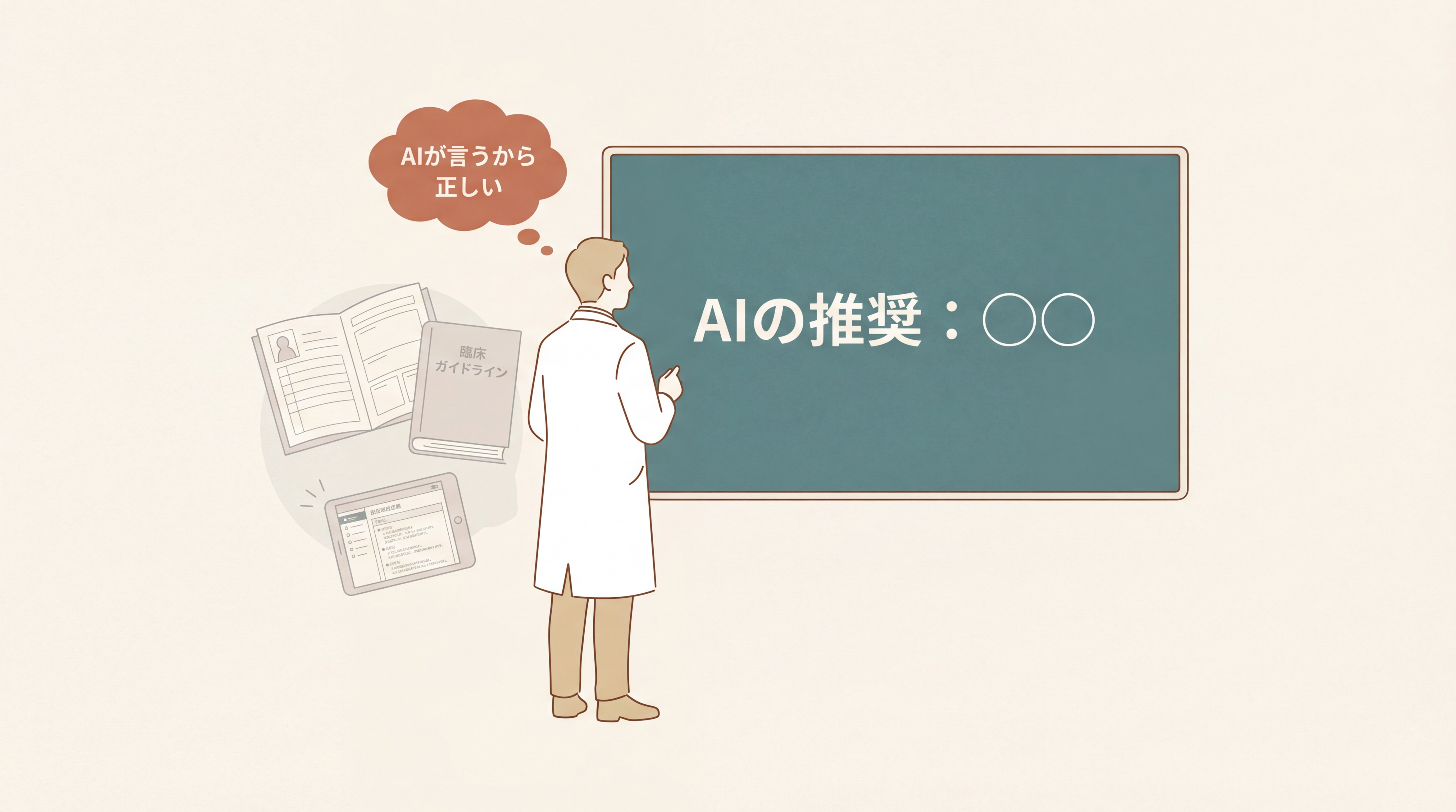自動化バイアスの概念図。中央に医療職のシルエット、その目の前にAIの推奨が大きく『AIの推奨：◯◯』と表示されている。シルエットの後ろに小さな別の判断材料（カルテ・ガイドライン）が薄く描かれて見落とされている様子。下部に『AIが言うから正しい』という思い込みのフキダシ