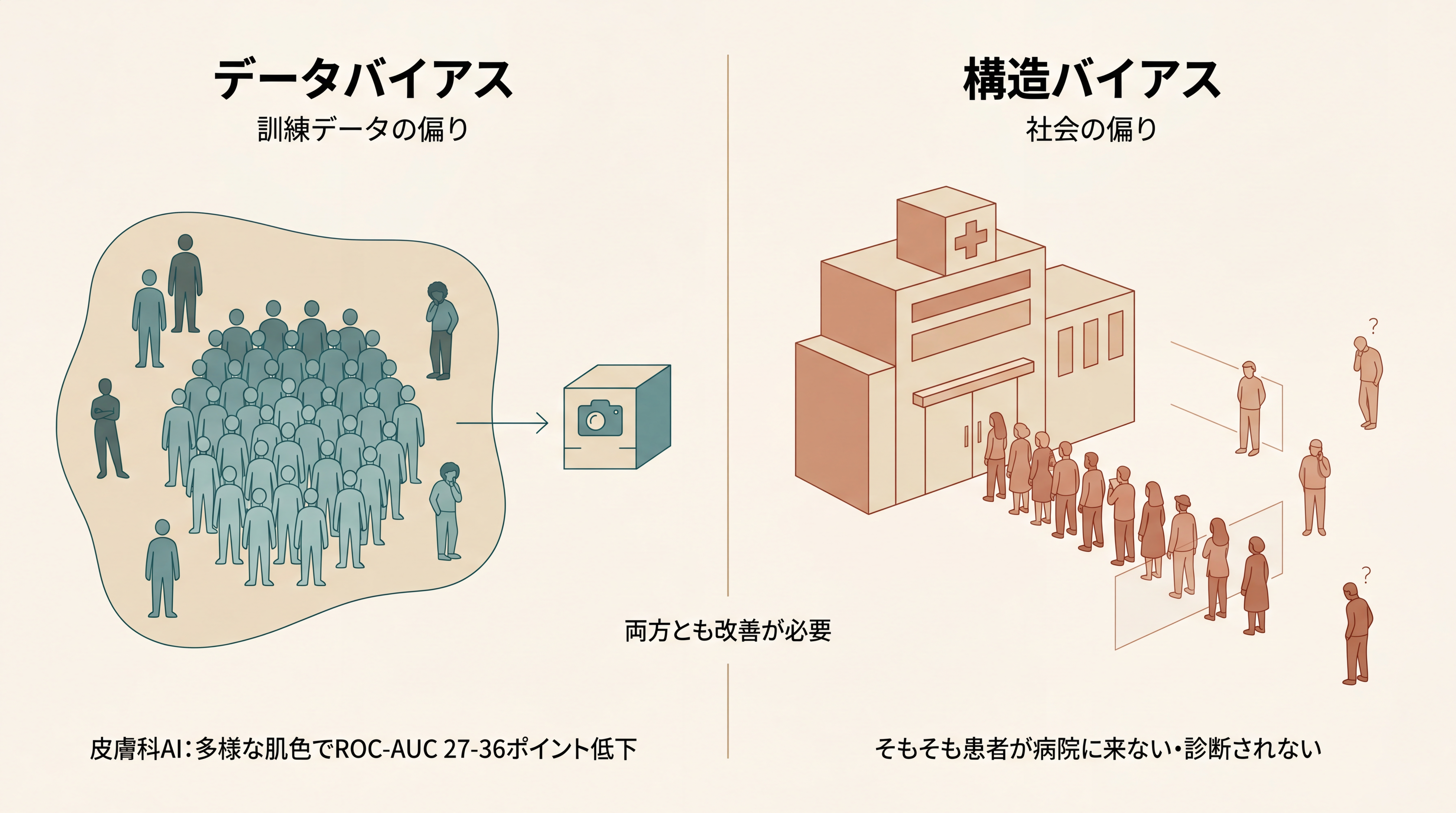 バイアスの2分類を示す対比図。左『データバイアス』に偏った訓練データの絵（特定の集団だけ多く描かれている）と例『皮膚科AI: 多様な肌色でROC-AUC 27-36ポイント低下』。右『構造バイアス』に医療制度や社会構造の絵と例『そもそも患者が病院に来ない・診断されない』。中央に『どちらも改善が必要』の注釈