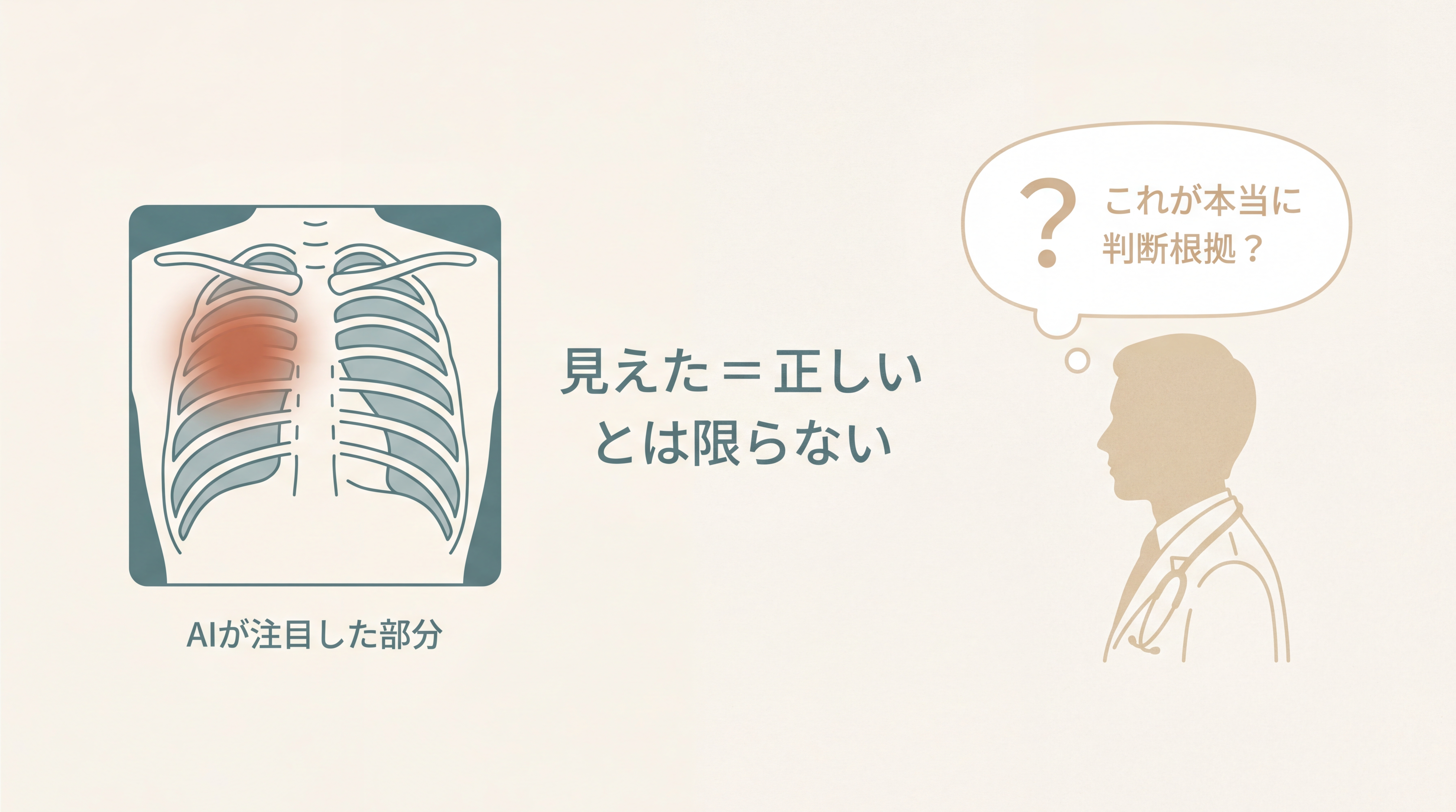 XAI（説明可能AI）の限界を示す対比図。左側にヒートマップで強調されたX線画像と『AIが注目した部分』のキャプション。右側に医師のシルエットが疑問符を浮かべながら『これが本当に判断根拠？』と問う様子。中央に『見えた = 正しい とは限らない』の注釈