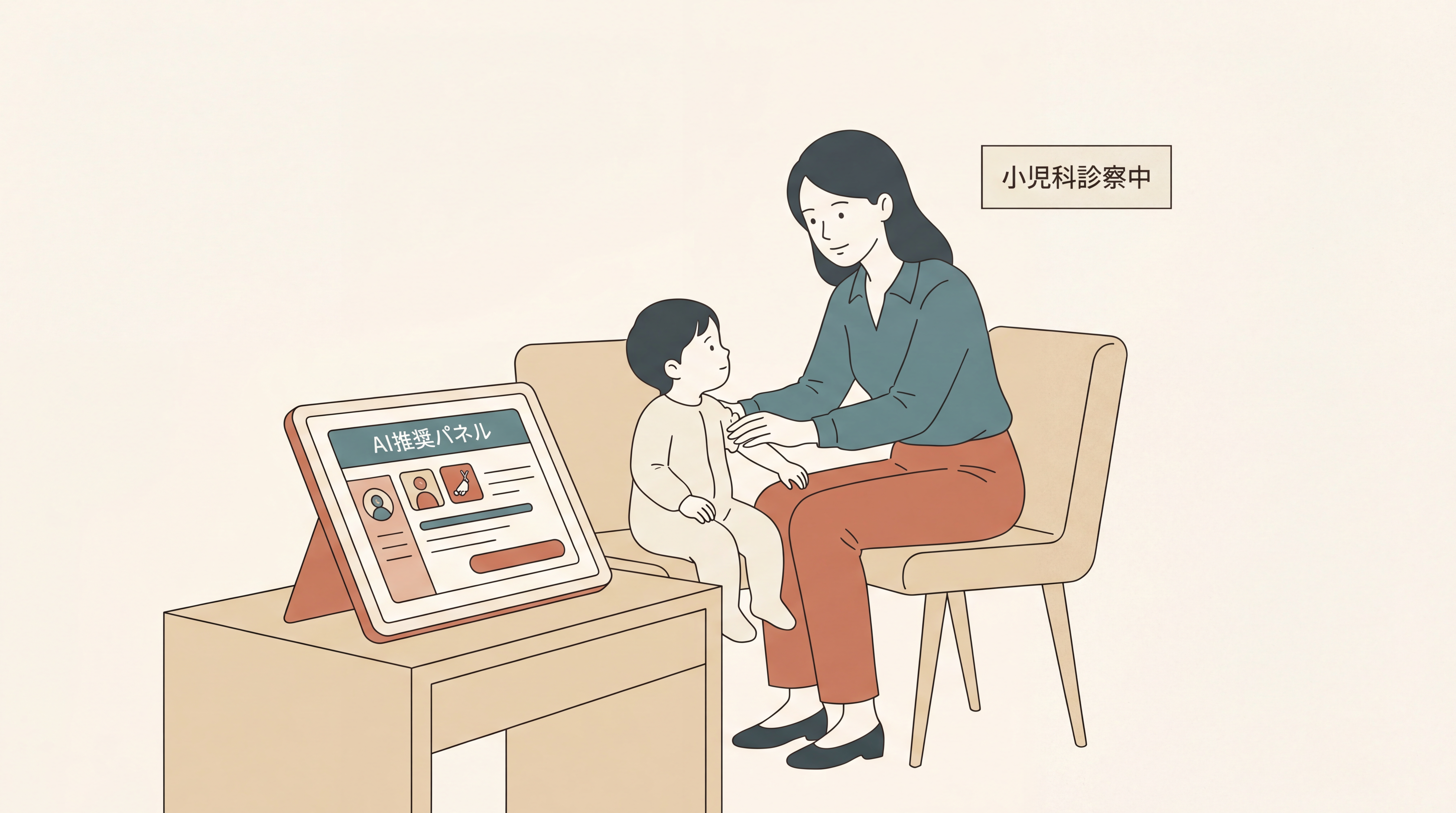 小児外来の風景。診察台の上で5歳児を診ている医療職、手元のディスプレイにAIの参考表示が映っている。表示の上に小さく『成人データで訓練』の注釈、医療職の心中の問い『この子に使えるのか？』。Ark Journal調、温かい色調