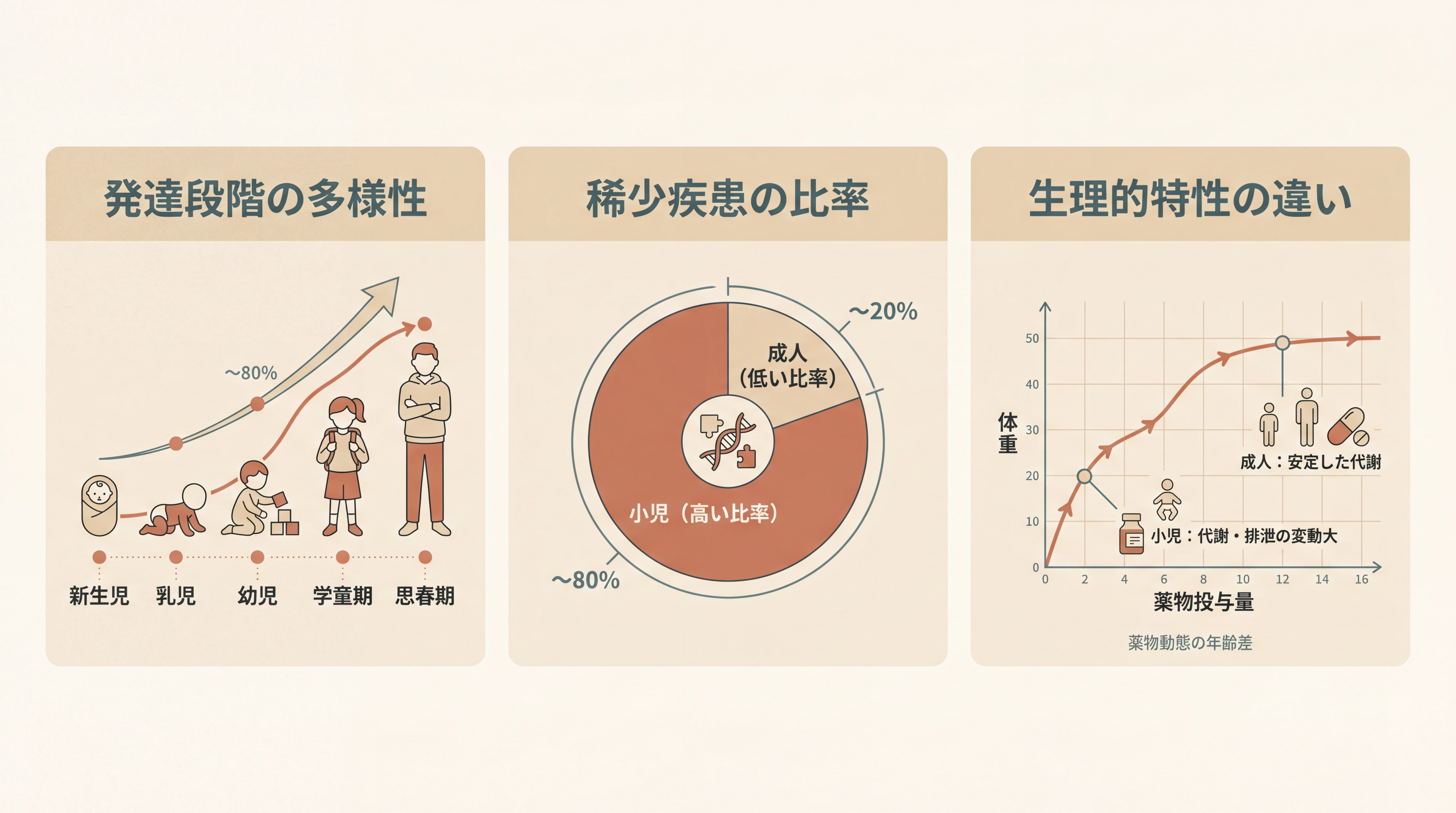 小児固有の3課題を示す3カラム概念図。左『発達段階の多様性』に新生児・幼児・学童・思春期と分かれた成長曲線、中『稀少疾患の比率』に円グラフで小児の方が稀少疾患比率が高い表示、右『生理的特性の違い』に体重別薬物動態のシンプルなグラフ