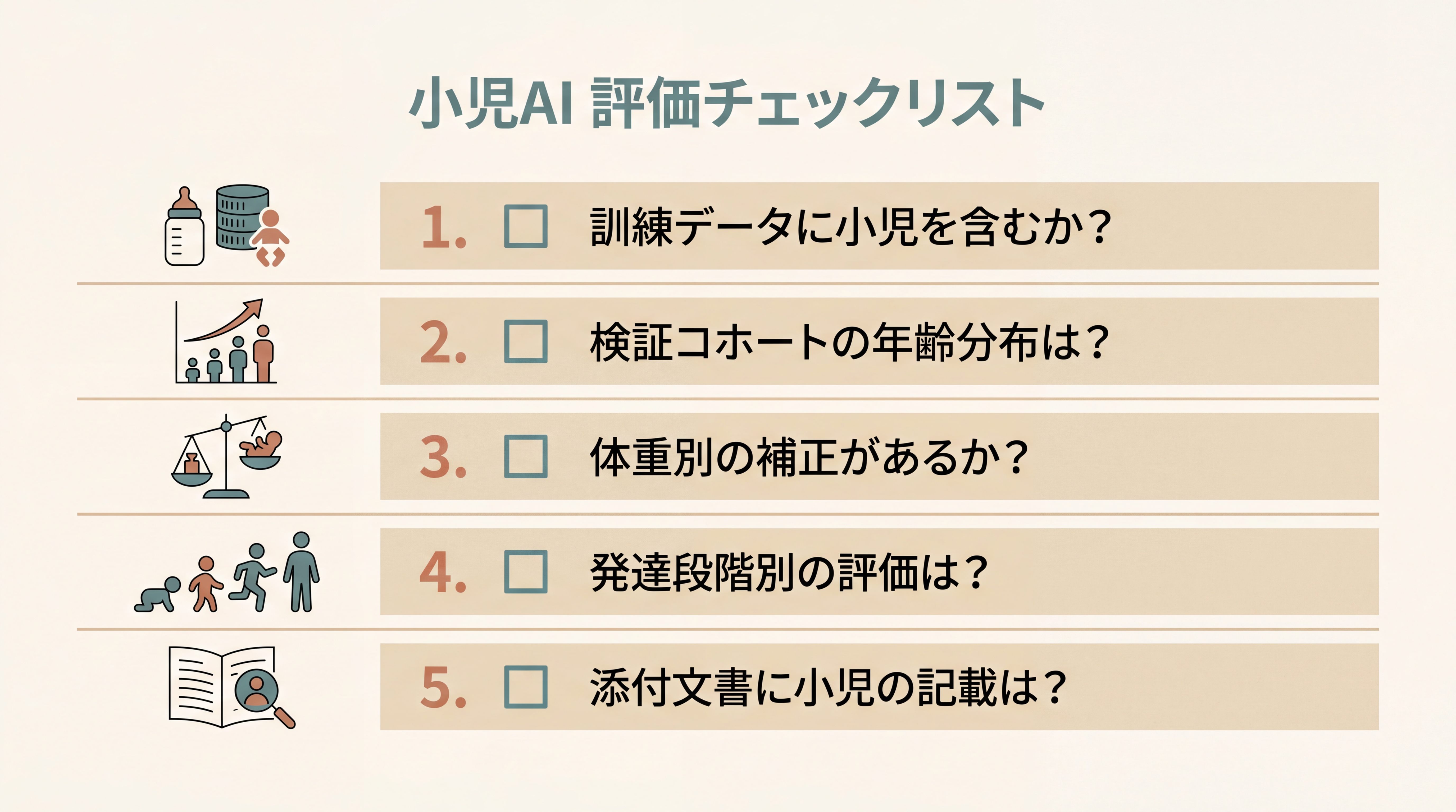 小児AIチェックリスト。縦に5つの項目が並ぶ。1.『☐ 訓練データに小児を含むか？』 2.『☐ 検証コホートの年齢分布は？』 3.『☐ 体重別の補正があるか？』 4.『☐ 発達段階別の評価は？』 5.『☐ 添付文書に小児の記載は？』。各項目にチェックボックスと小さな関連アイコン