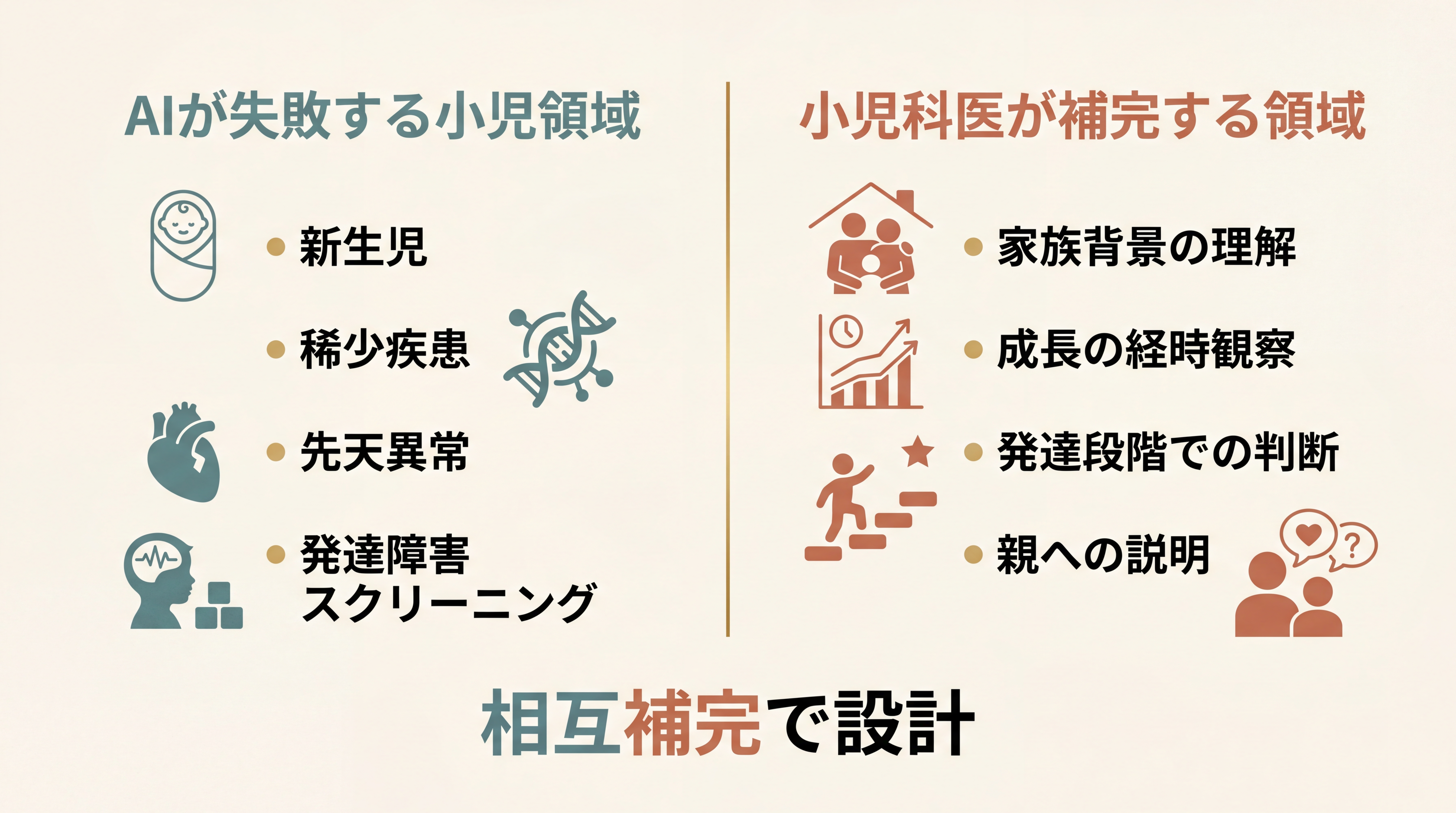 小児医療AIのエラー非対称図。左側『AIが失敗する小児領域』に『新生児・稀少疾患・先天異常・発達障害スクリーニング』のリスト。右側『小児科医が補完する領域』に『家族背景の理解・成長の経時観察・発達段階での判断・親への説明』のリスト。中央に『相互補完で設計』の太字
