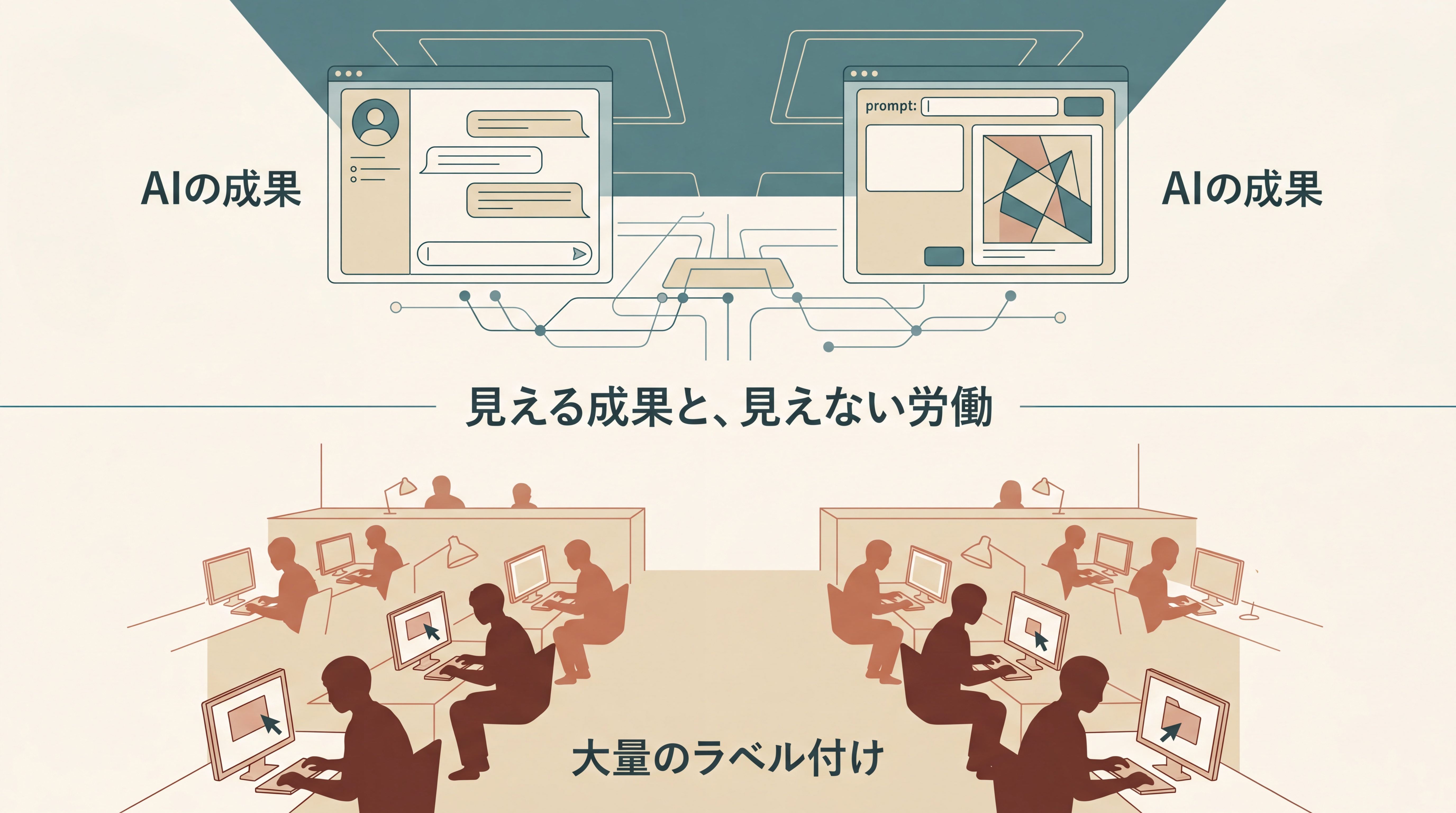 データ労働者の不可視性を示す概念図。上半分に華やかなAI製品（チャットボット・画像生成）と都市の風景、下半分に作業をする多くのデータラベラーのシルエット——主に途上国の作業員——が小さく描かれている。中央に『見える成果と、見えない労働』の太字