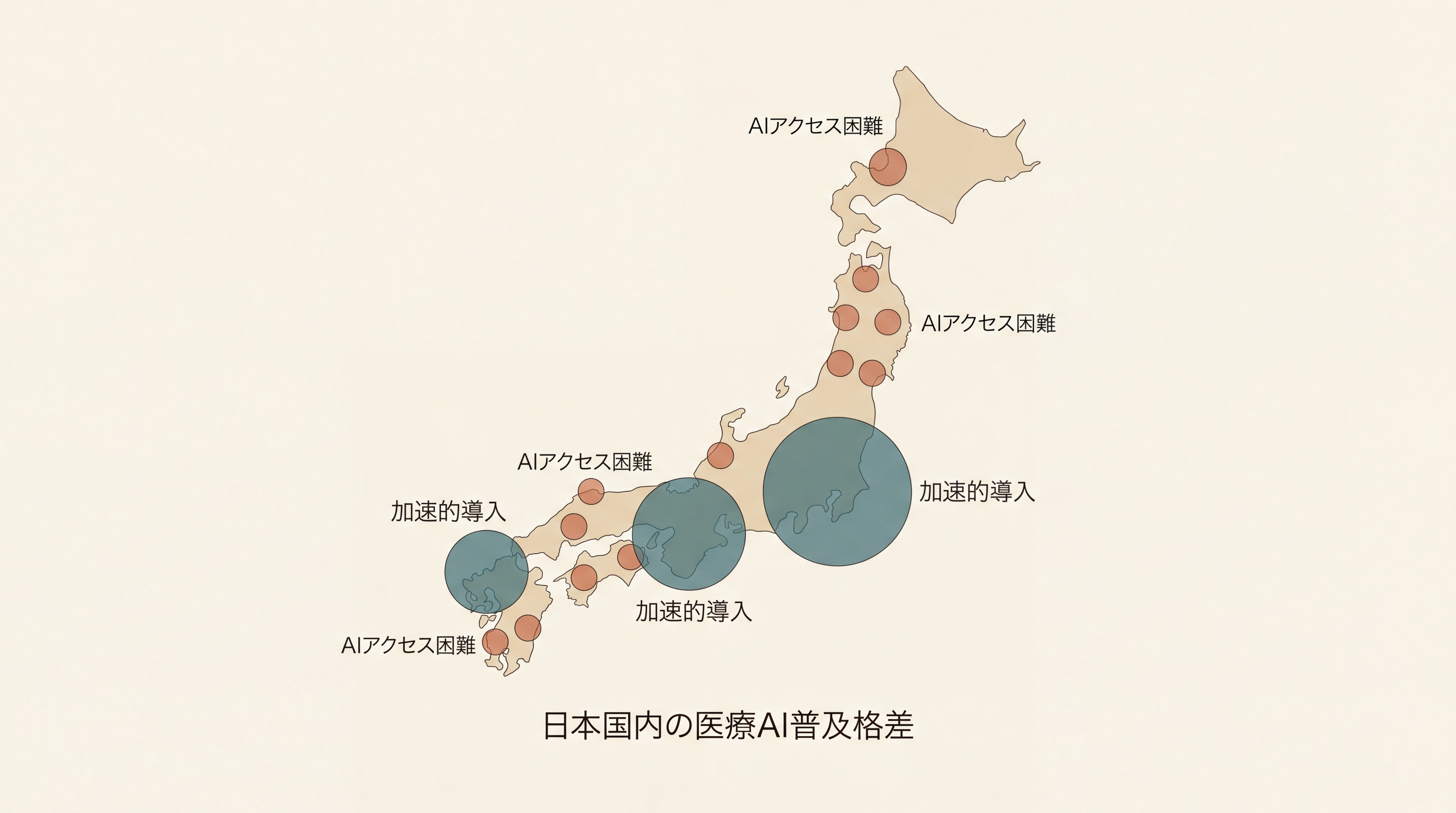 日本の医療格差マップ。日本列島の概略地図上で、都市部（東京・大阪・福岡）に大きな円・地方部に小さな円で医療AI普及率を示す。地方部に『AIアクセス困難』の注記、都市部に『加速的導入』の注記