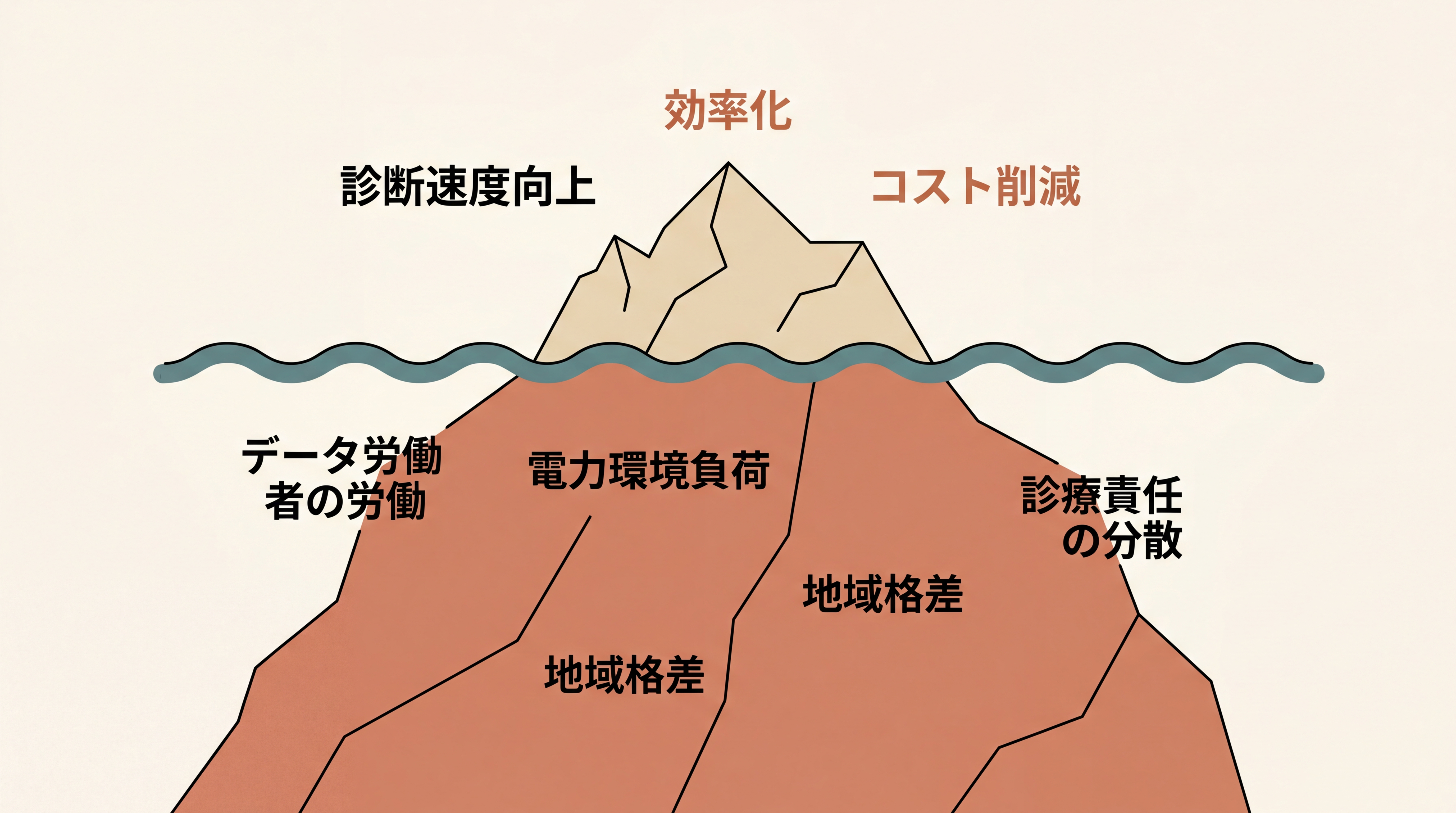 医療AIの『見えていないコスト』可視化図。表面上の便益（診断速度向上・効率化・コスト削減）の下に、見えにくい3つのコスト（データ労働者の労働・電力環境負荷・地域格差・診療責任の分散）がアイスバーグの水中部分のように示される