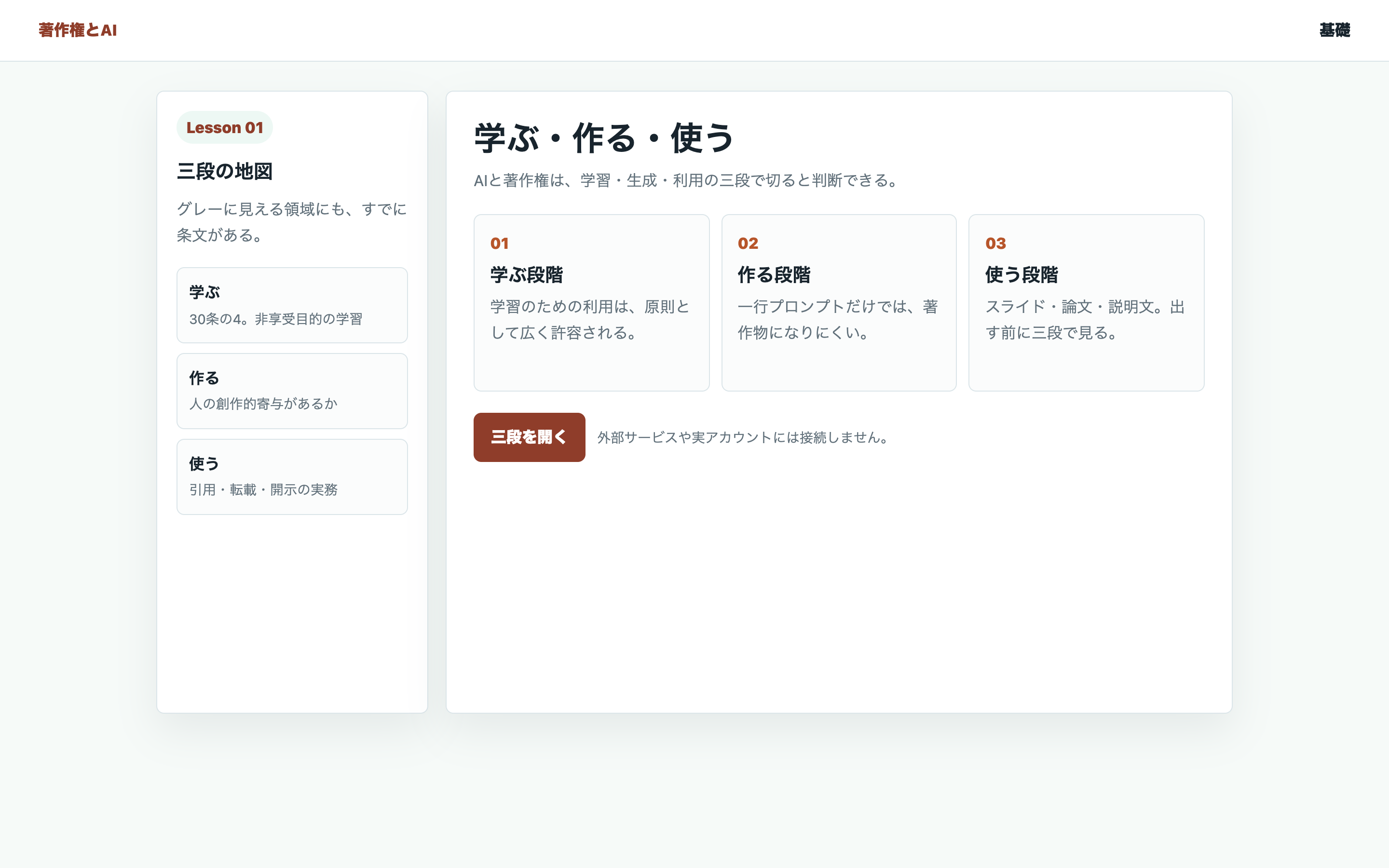 学ぶ・作る・使うの三段で著作権を整理する教材用の画面