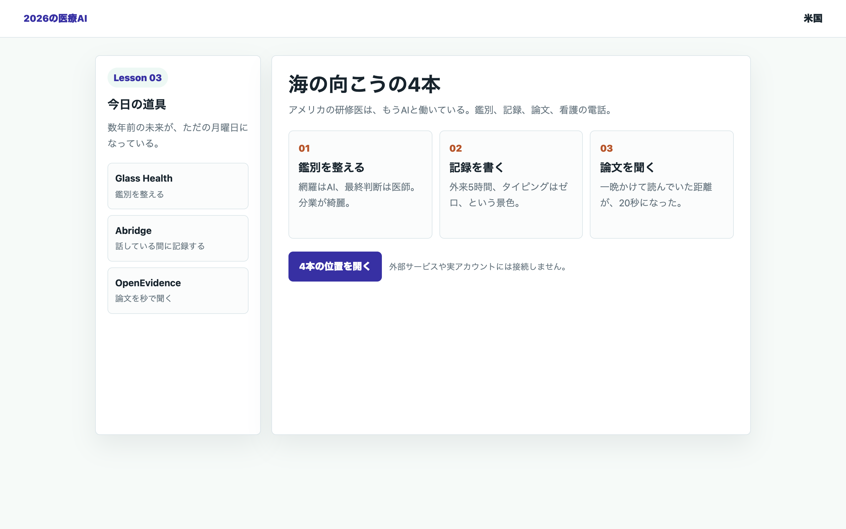 米国研修医が使う4つの医療AIを整理する教材用の画面