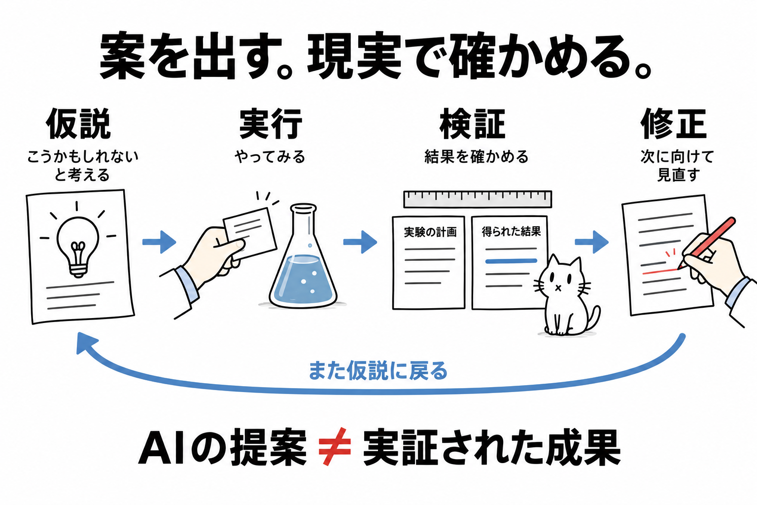 AIが仮説と計画を作る工程と、道具や現実の実験で実行・検証する工程を離して配置し、検証結果から仮説を修正する循環を示す。