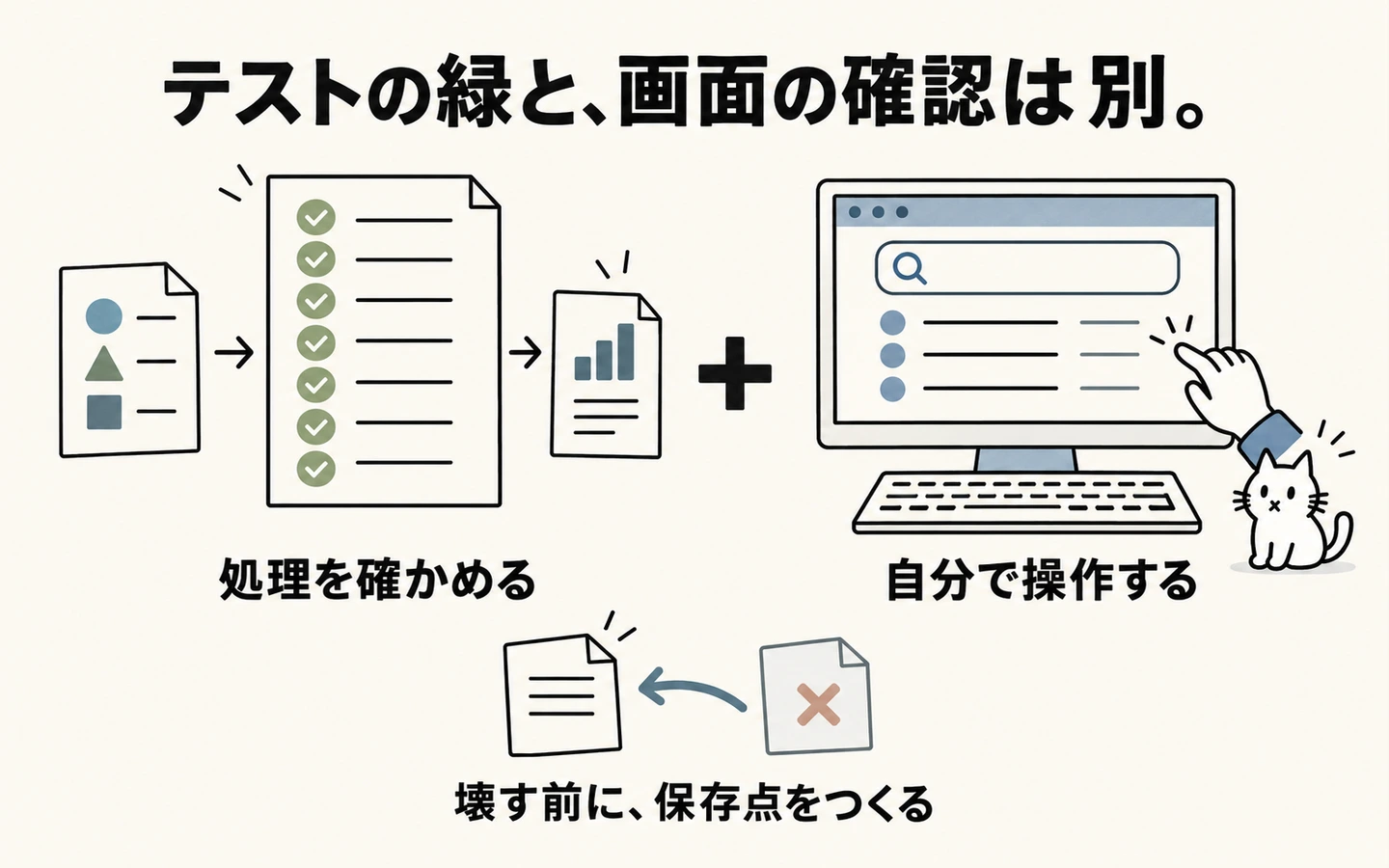 期待値を決めてテストし、保存後に変更を壊し、差分を見て戻し、再確認する流れの概念図