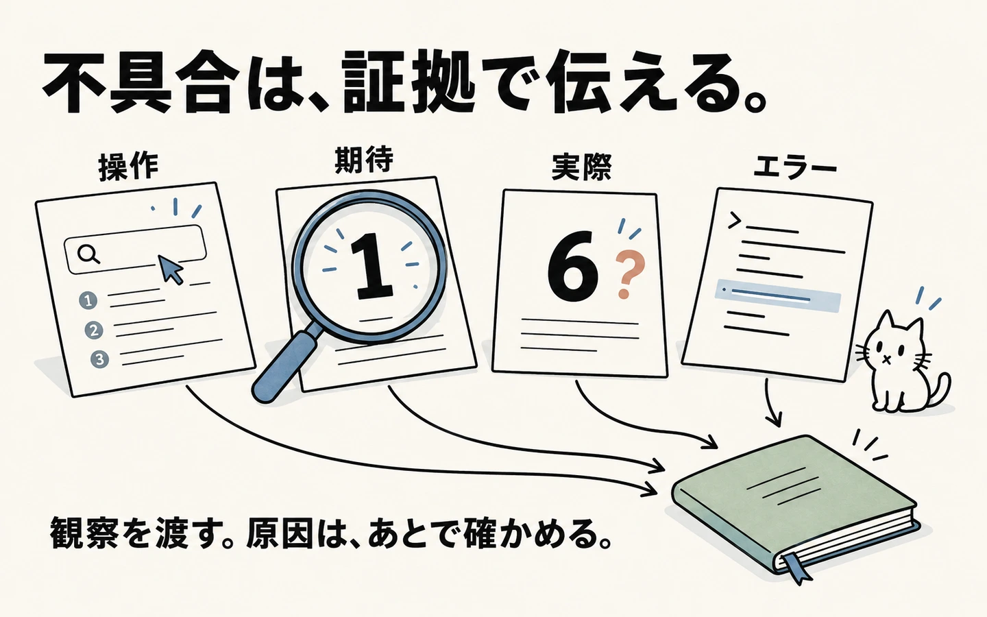 観察した症状を再現手順に分け、原因の仮説をテストで確かめてから修正する流れ。