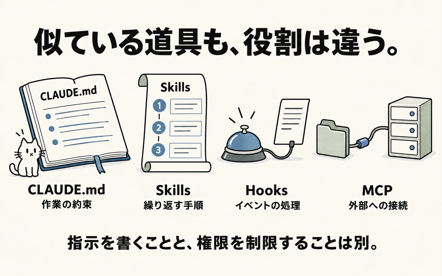 CLAUDE.mdの約束、Skillsの手順、Hooksのイベント処理、MCPの外部接続を別々の役割として示す概念図。