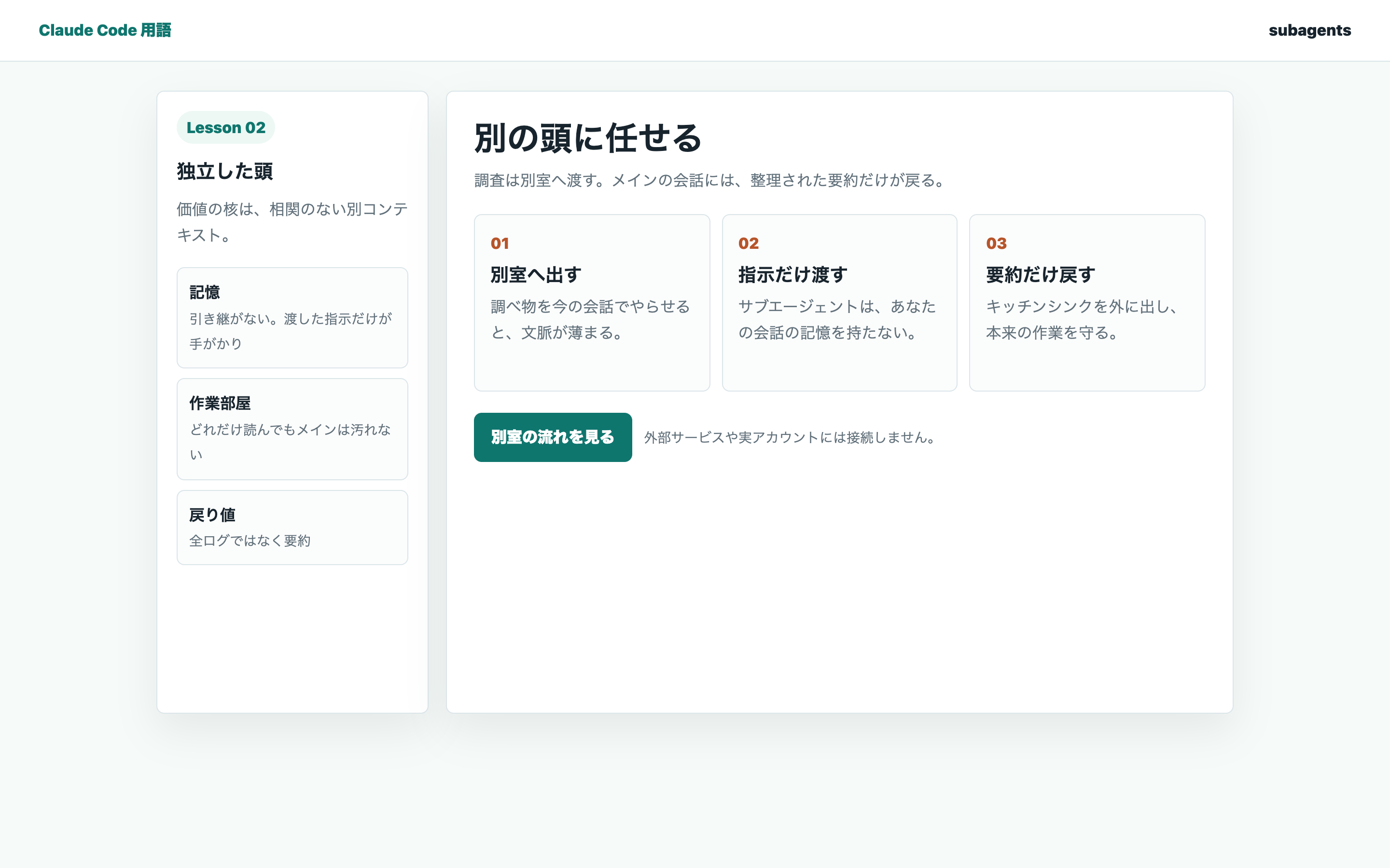 サブエージェントが別室で調べ、要約だけ戻す教材用の整理画面