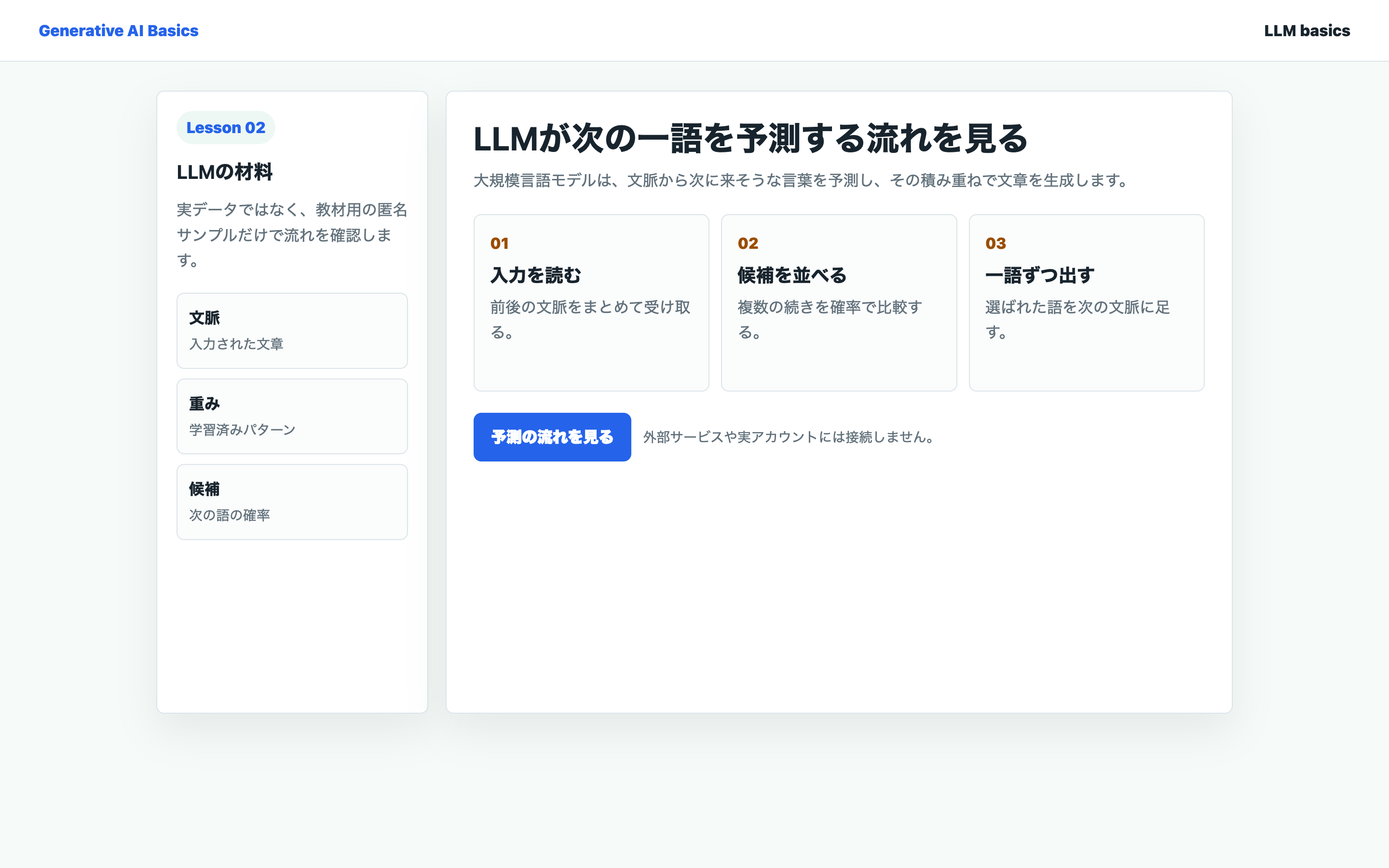 LLMの文脈、重み、候補を整理している教材用の実画面