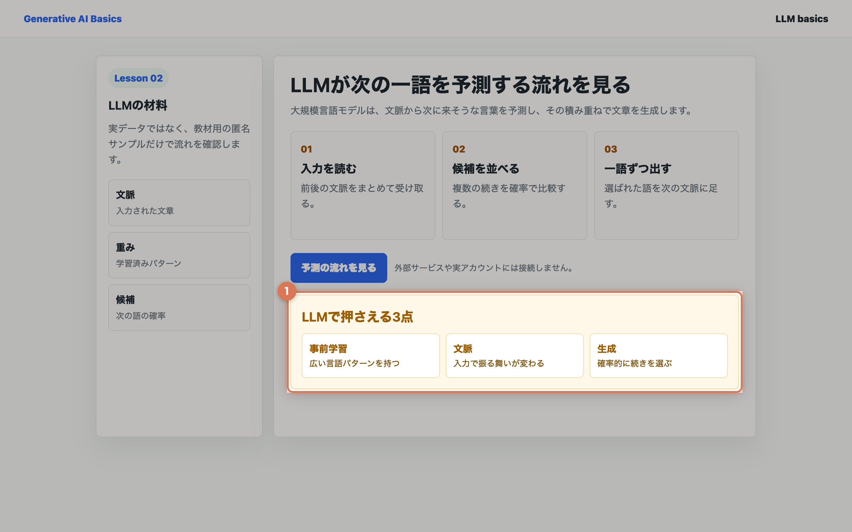 事前学習、文脈、生成の3点を確認している教材用の実画面