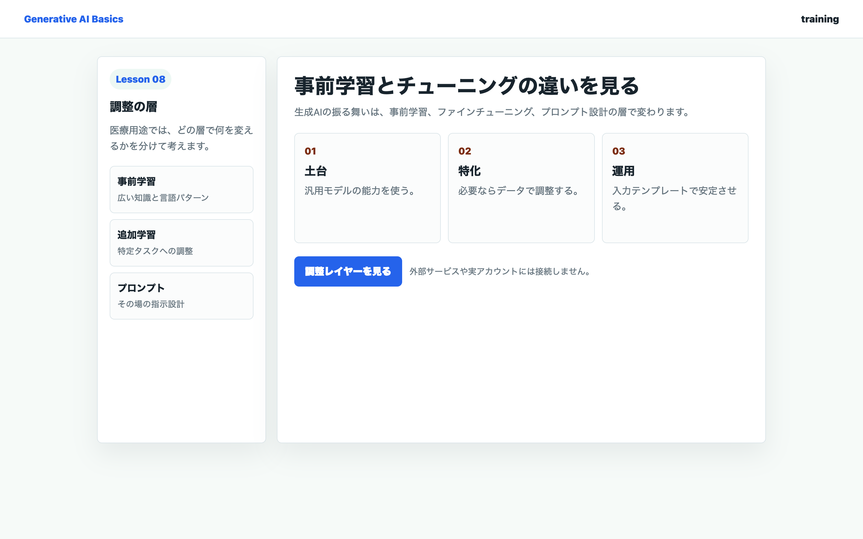 事前学習、追加学習、プロンプト設計を整理している教材用の実画面
