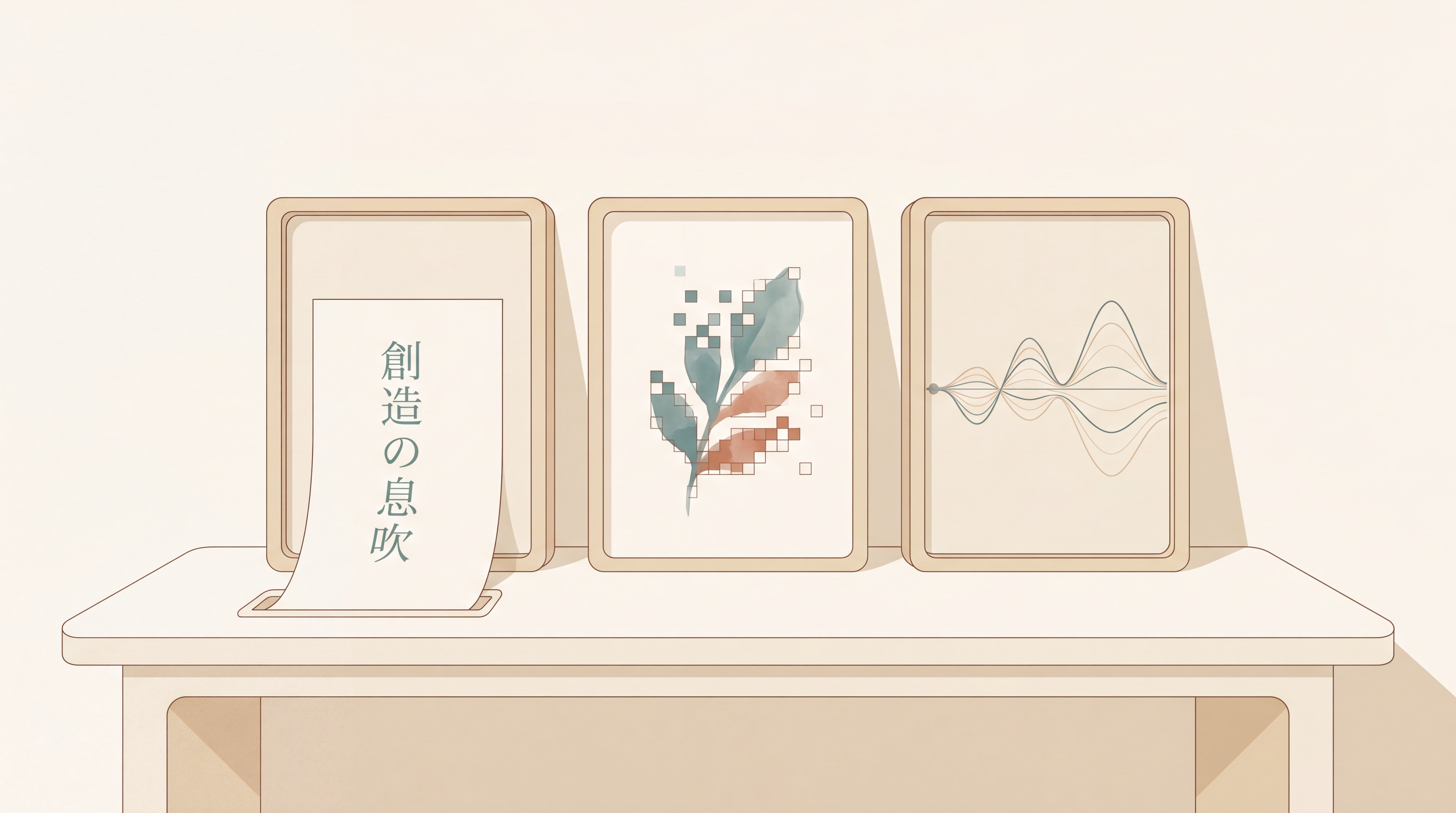 クリーム色の机の上に、テキスト・画像・音声がそれぞれ静かに生まれていく様子を3つのフレームで並べたヘッダー画像。Ark Journal調の温かいトーンで描かれた静かなスタジオシーン