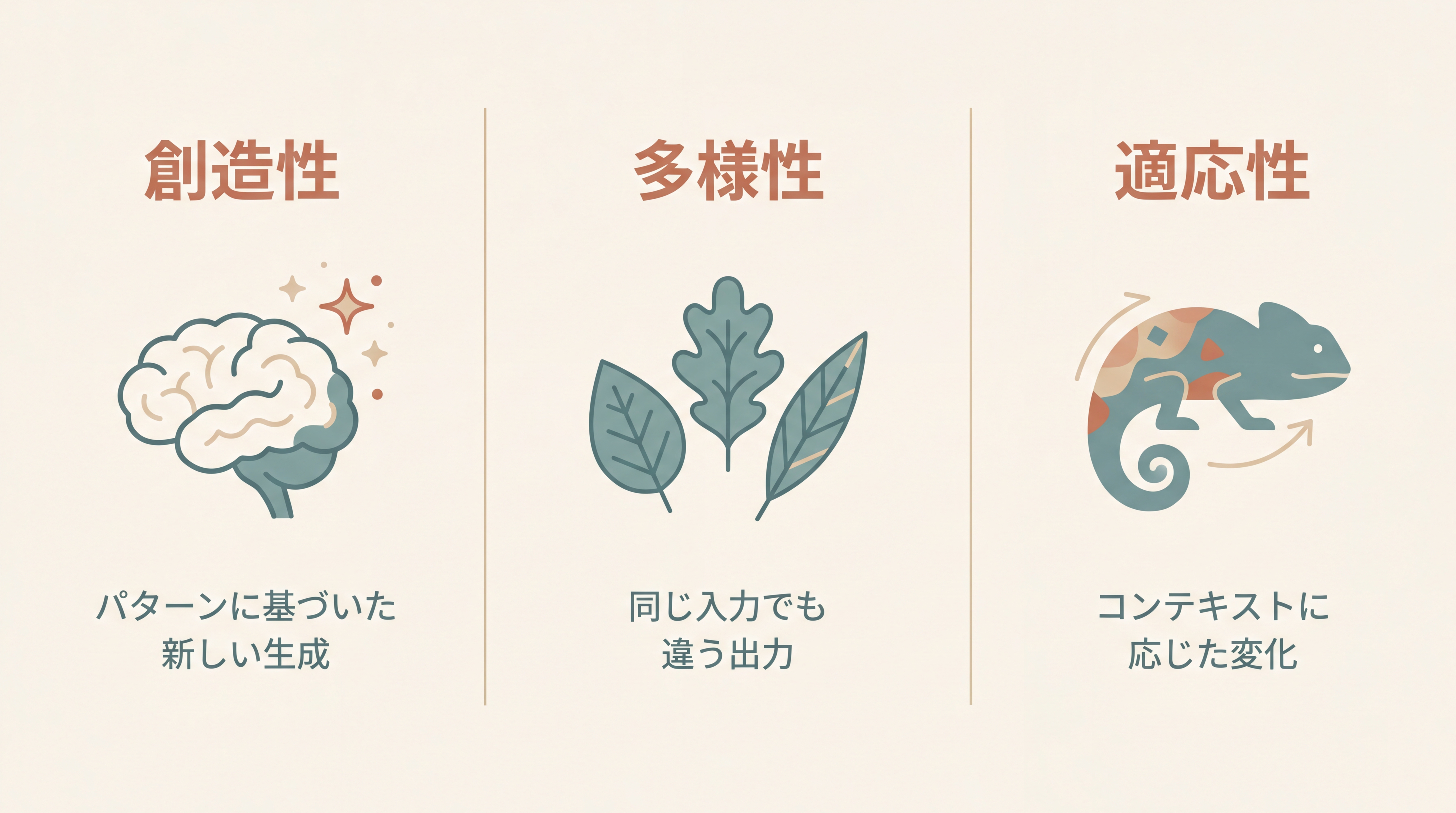 生成AIの3つの特徴を3カラムで示す概念図。左『創造性 (Creativity)』、中『多様性 (Diversity)』、右『適応性 (Adaptivity)』。各カラムに短い説明と医療現場での実例が小さなテキストで添えられている