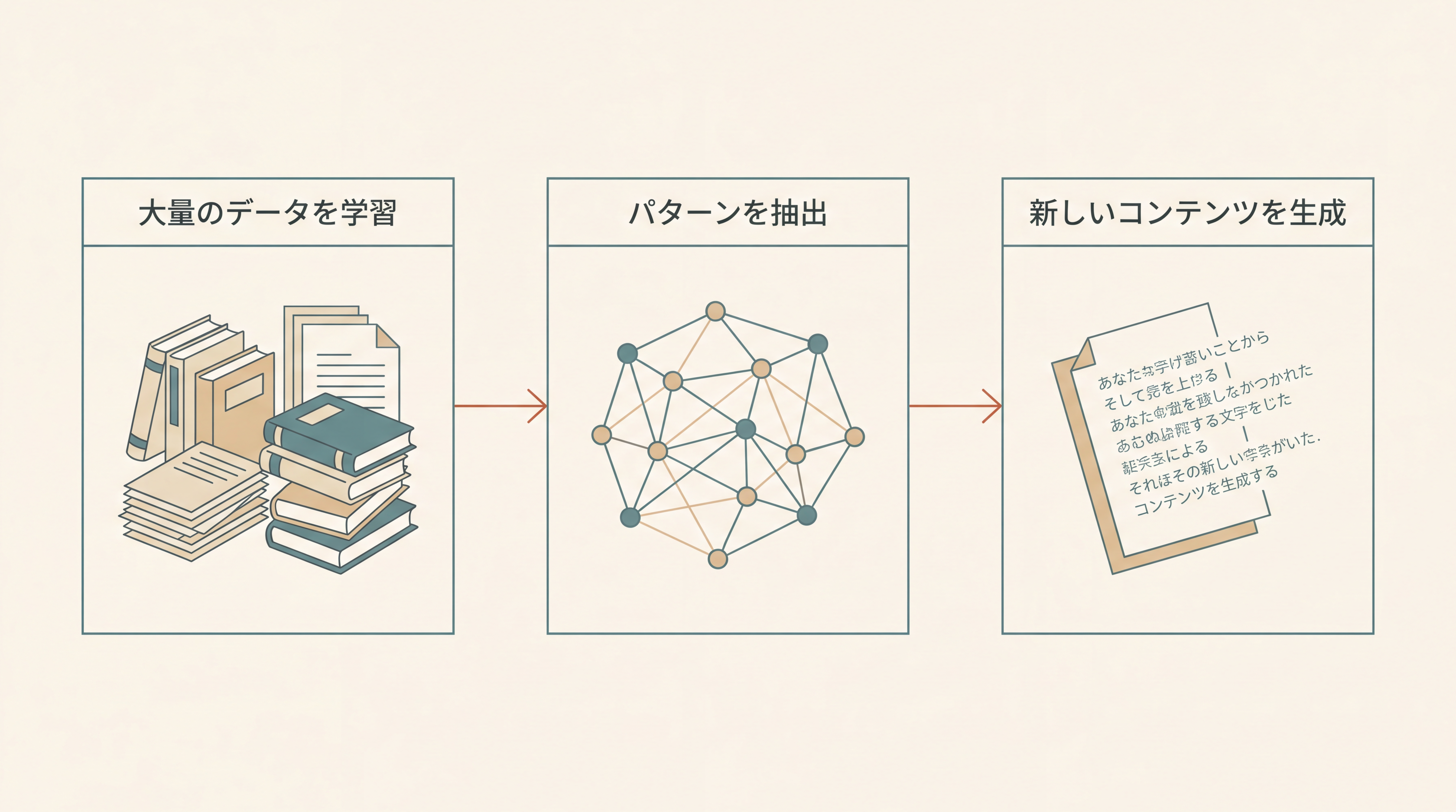 3段階のフロー図。1段階目『大量のデータを学習』に書籍と論文の山、2段階目『パターンを抽出』に網目状の概念図、3段階目『新しいコンテンツを生成』に新しい文章が現れる様子。各段階を矢印で繋ぐ