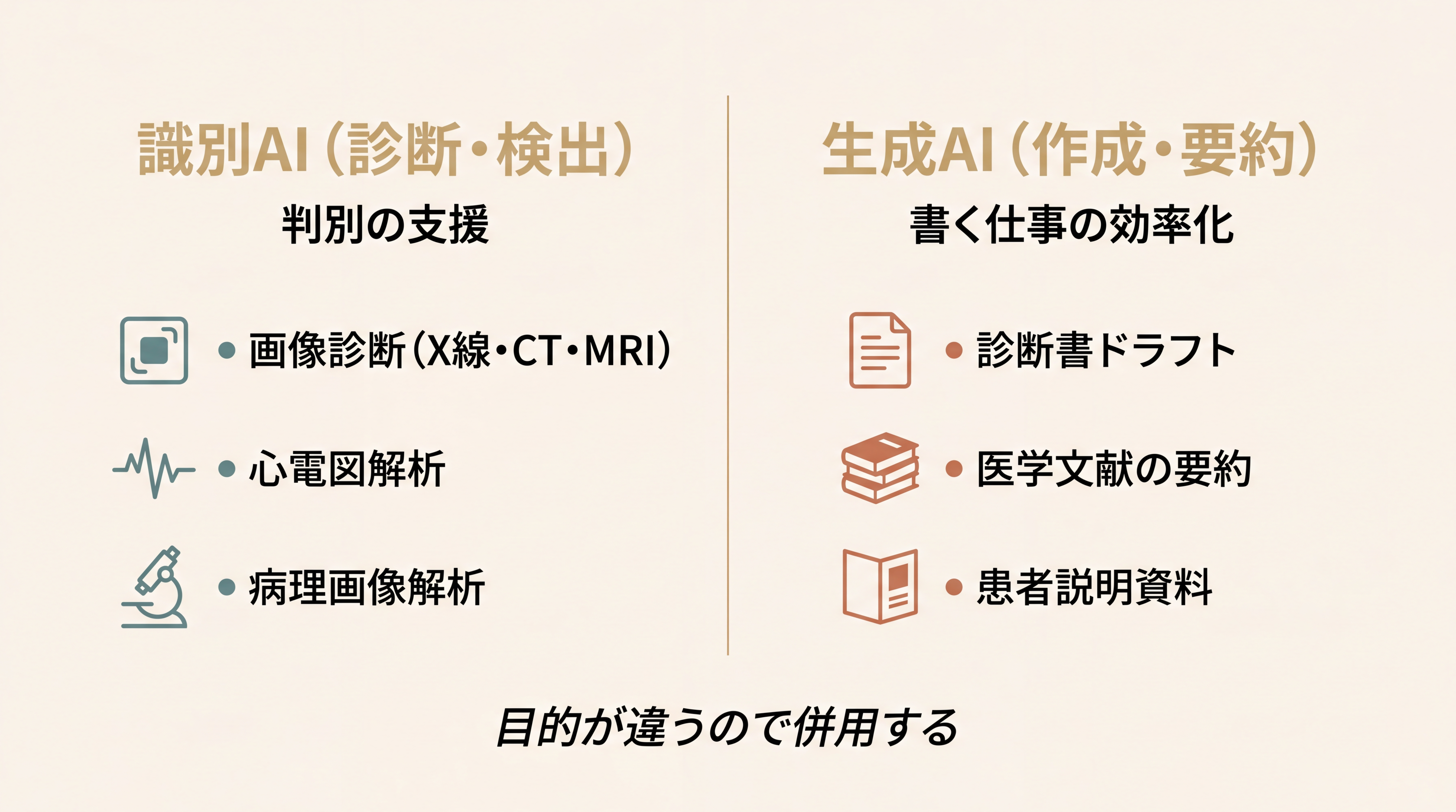 医療現場での使い分けを示す対比表。左『識別AI（診断・検出）』に画像診断・心電図解析・病理AIの例、右『生成AI（作成・要約）』に診断書ドラフト・文献要約・患者説明資料の例が並び、中央に『目的が違うので併用する』というメモ