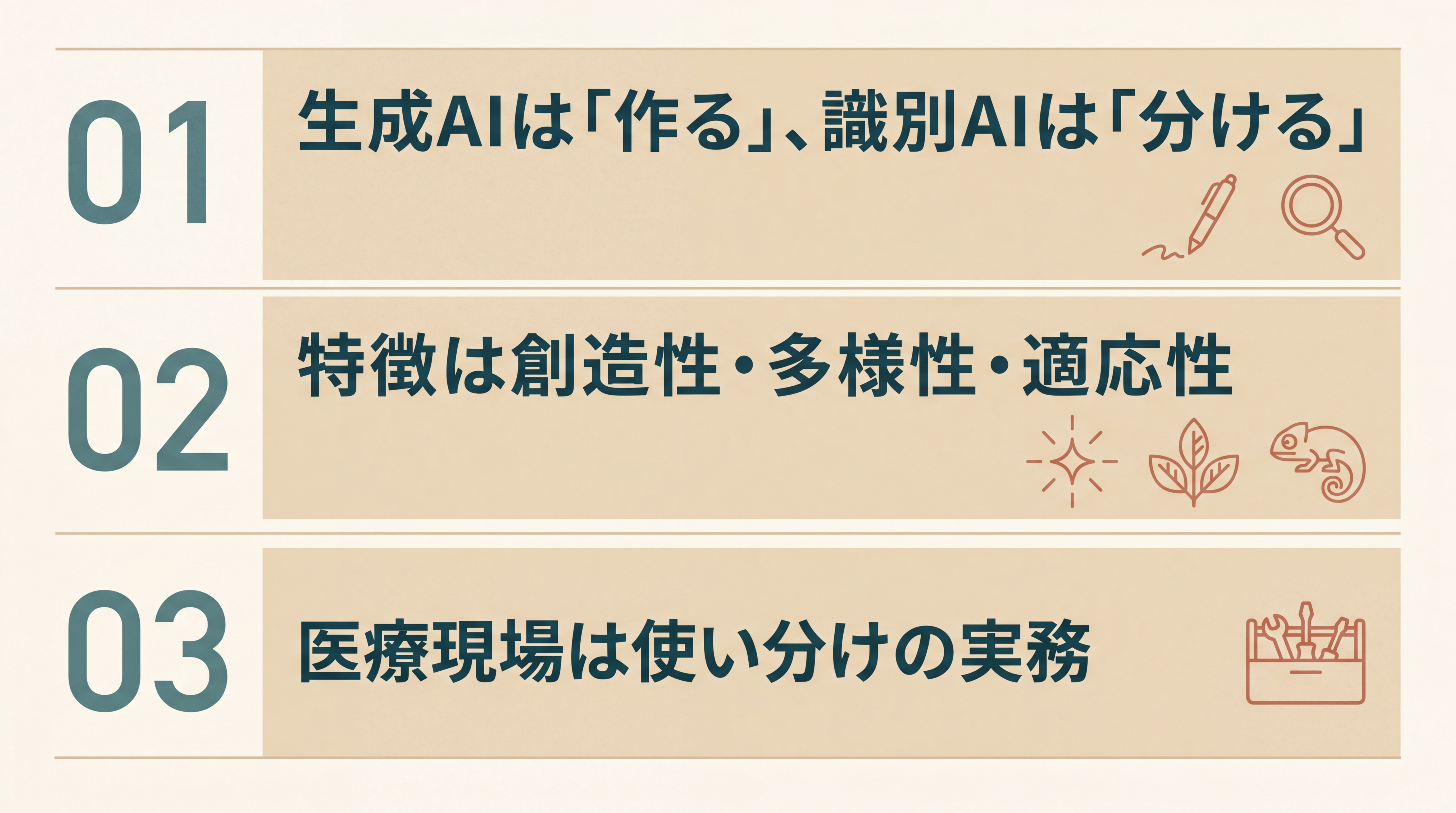 今日のまとめを示す3行ステートメント図。1.生成AI=作る、識別AI=判別する、2.特徴は創造性・多様性・適応性、3.使い分けが本筋、の3つが縦に並ぶ