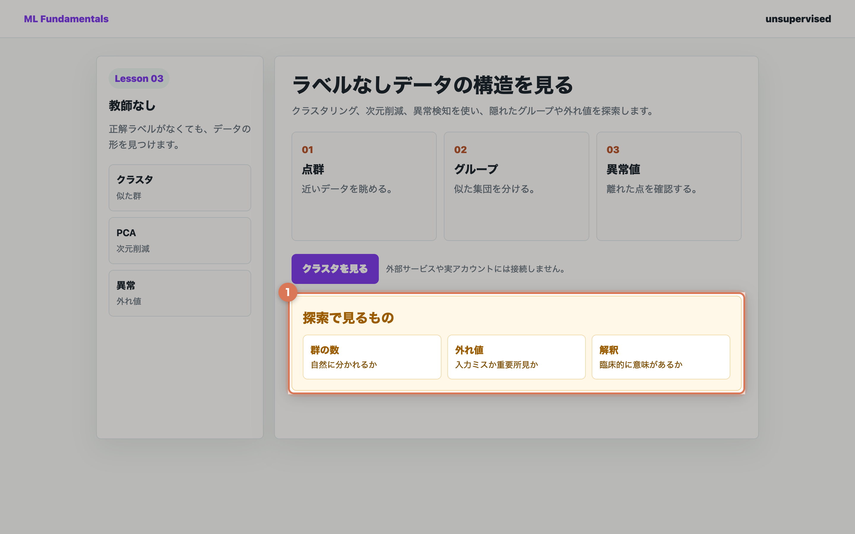 クラスタ数、外れ値、臨床解釈の確認項目が表示された画面
