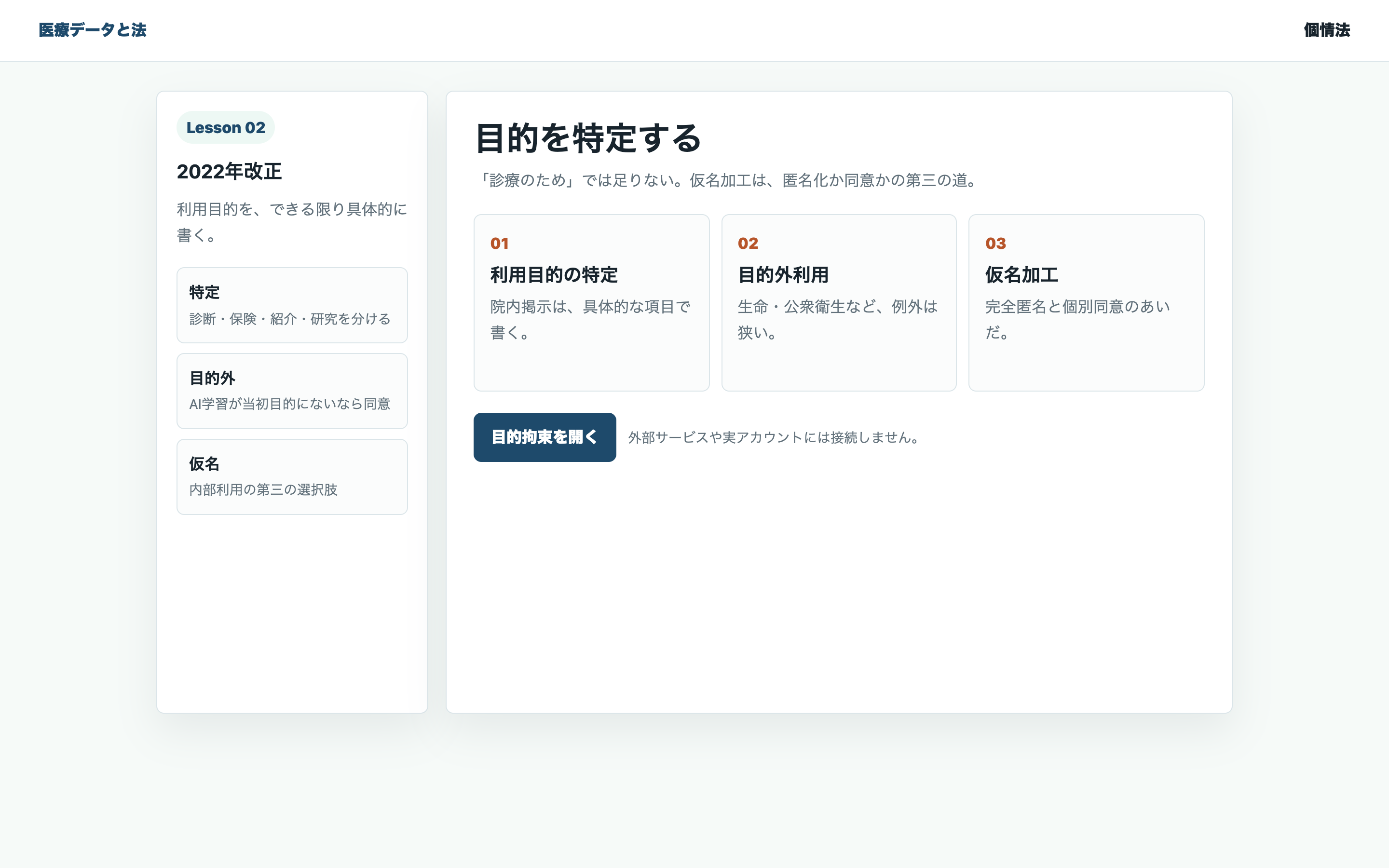 利用目的の特定と仮名加工を整理する教材用の画面