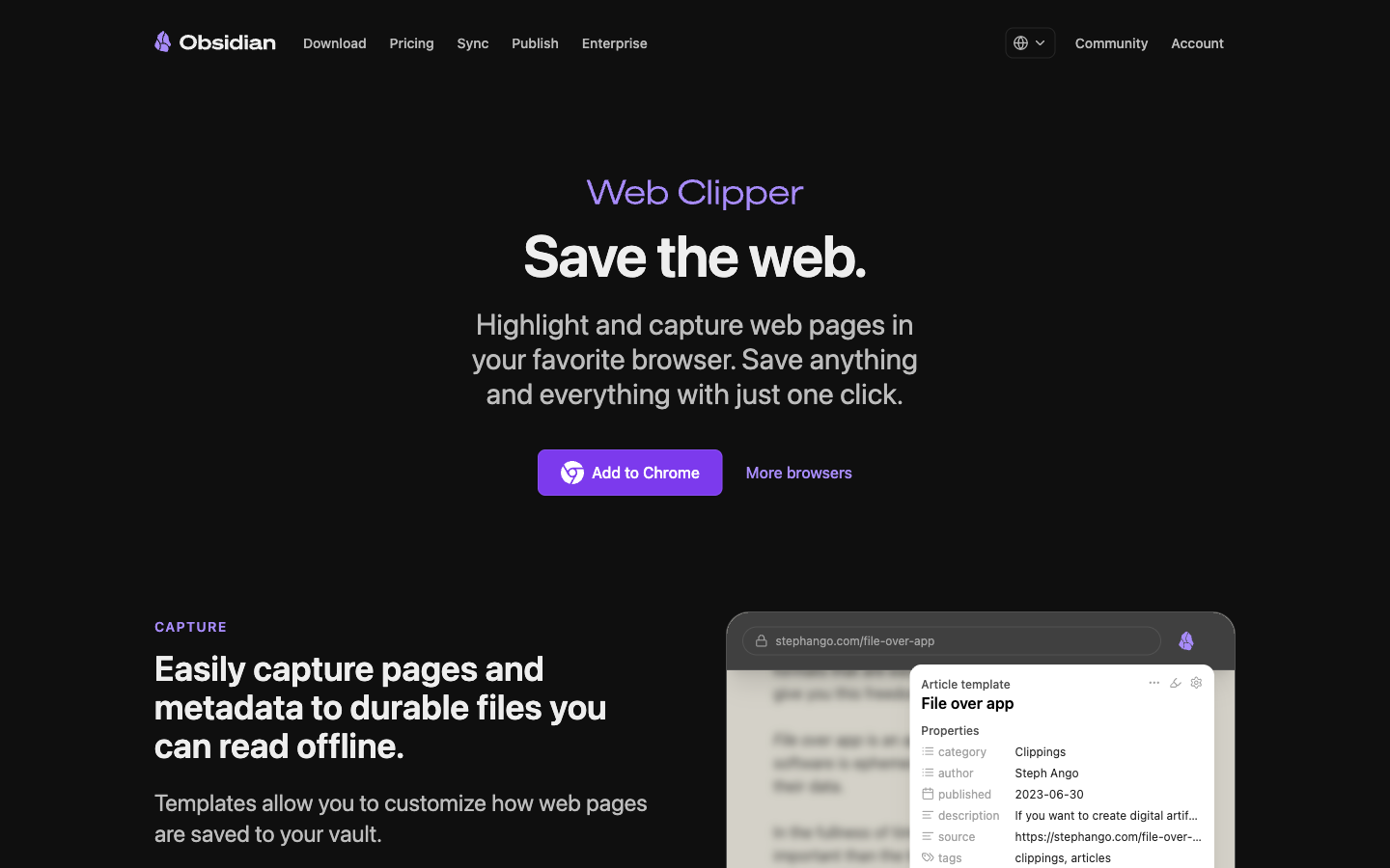 Obsidian Web Clipperの公式ランディングページ。「Save the web.」「Highlight and capture web pages in your favorite browser. Save anything and everything with just one click.」というメッセージとAdd to Chromeボタン
