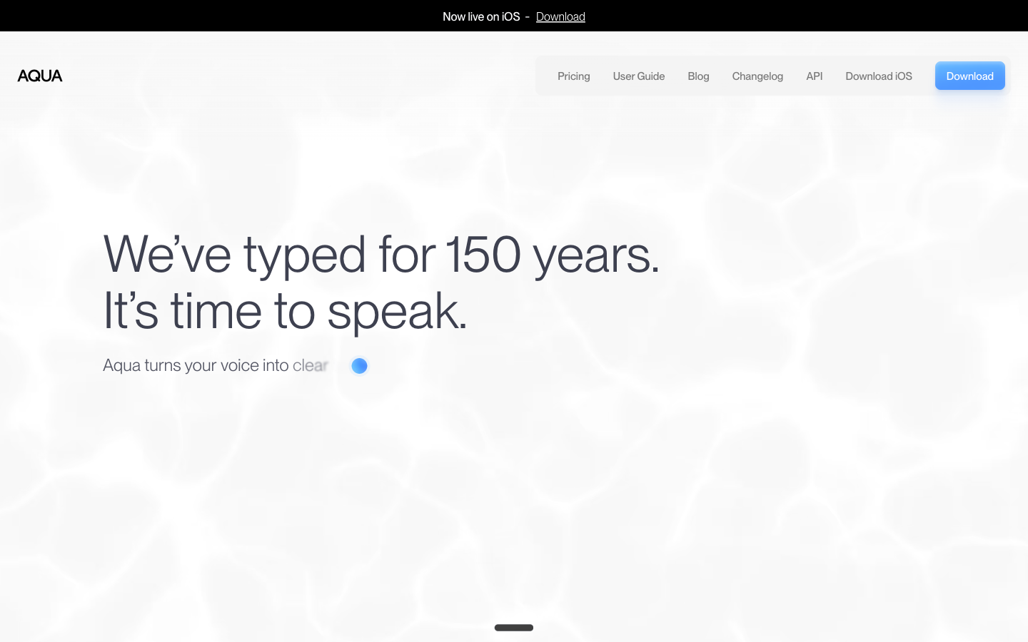 Aqua Voice公式ページ。「We've typed for 150 years. It's time to speak.」「Aqua turns your voice into clear」のメッセージとDownloadボタン