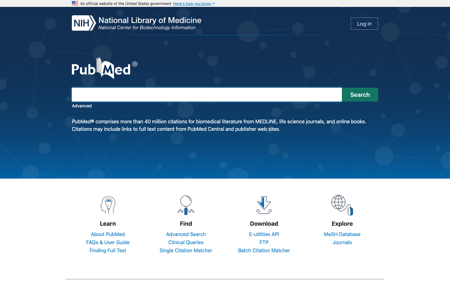 PubMed公式トップページ。NIH National Library of Medicineが運営、4000万件以上のbiomedical literature citations