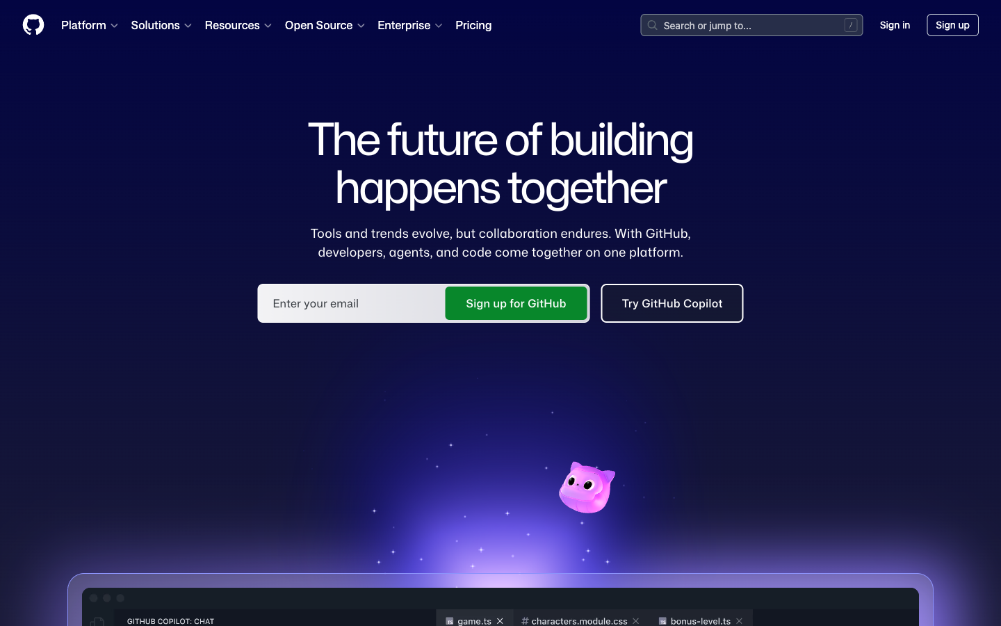 GitHub公式トップ。「The future of building happens together」のメッセージと「Tools and trends evolve, but collaboration endures」というコピー