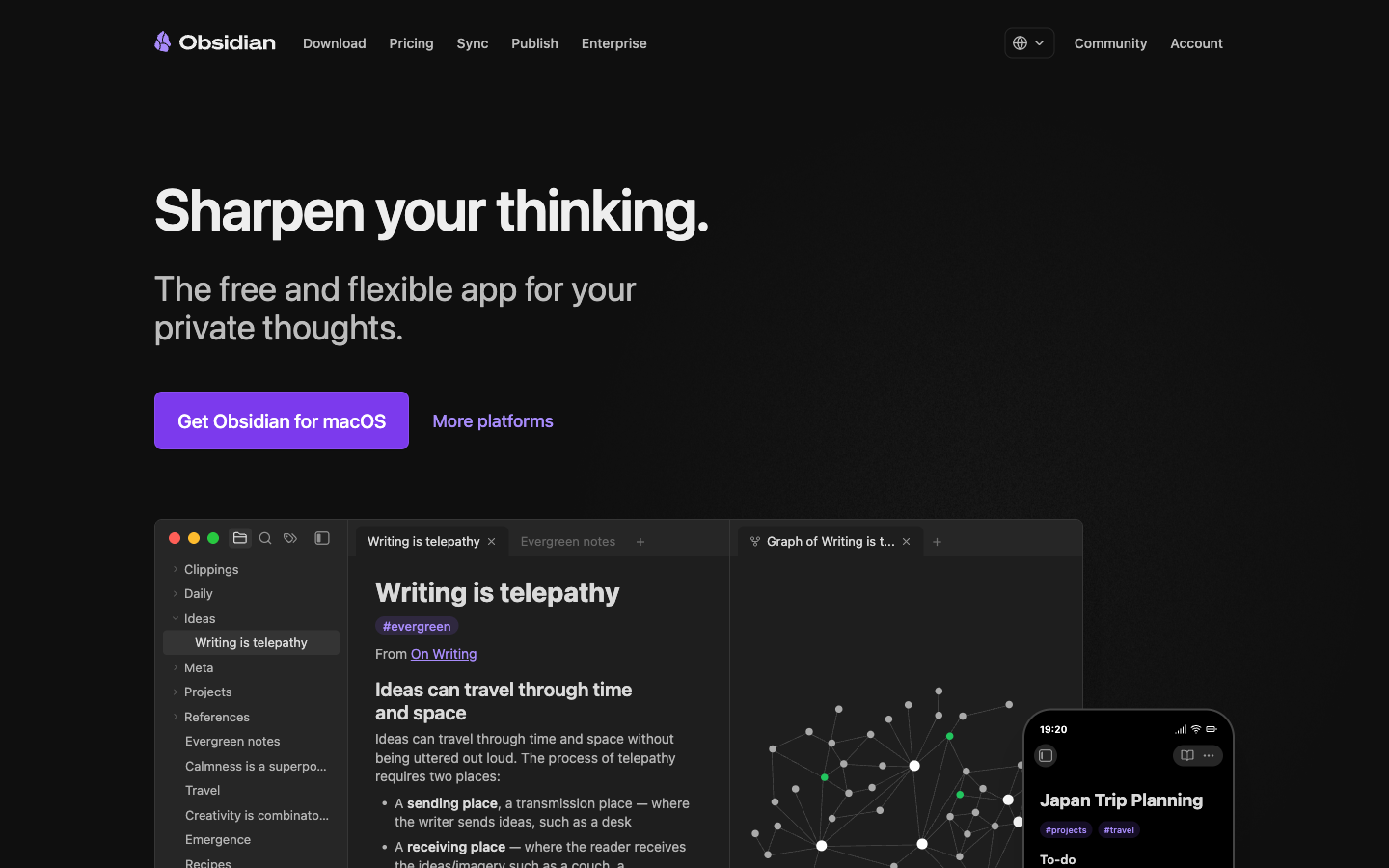 Obsidian公式トップ。「Sharpen your thinking. The free and flexible app for your private thoughts.」のメッセージとmacOS版ダウンロードボタン