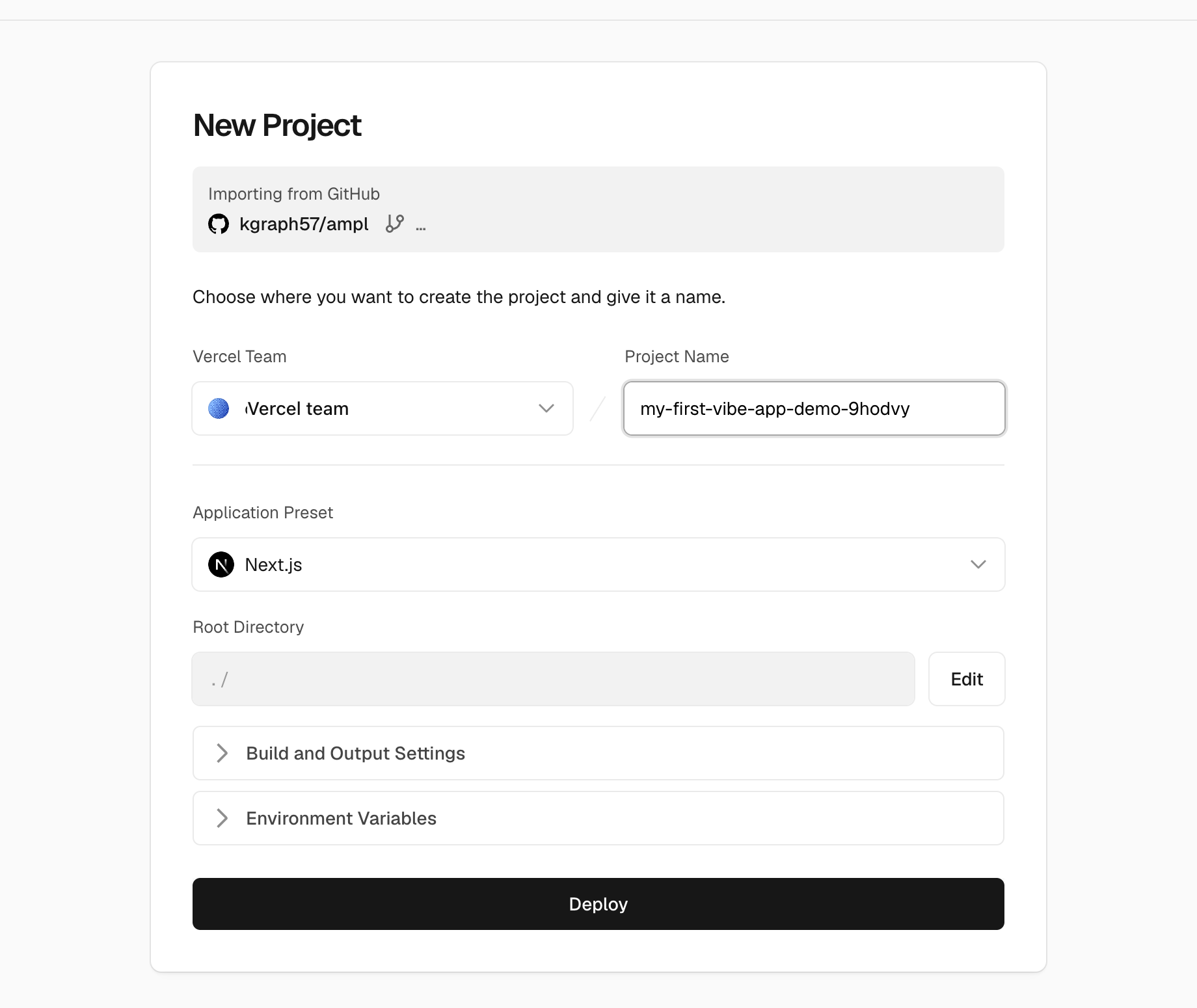 VercelのNew Project設定画面でProject Name、Next.jsプリセット、Deployボタンが表示されている画面