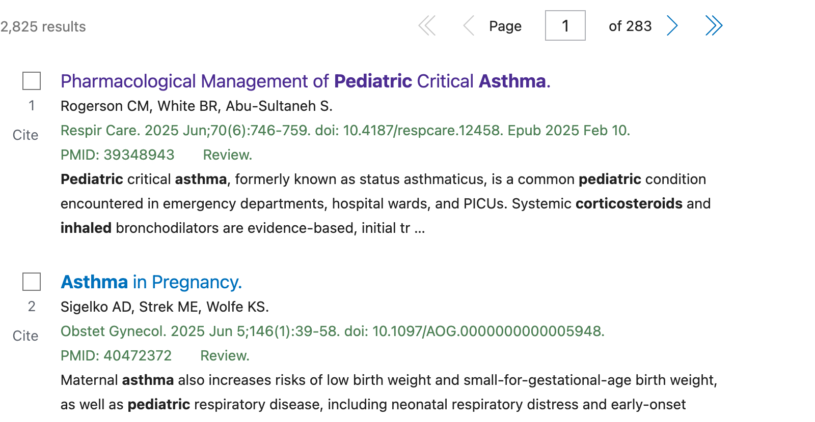 PubMedで pediatric asthma inhaled corticosteroids を検索した結果一覧画面