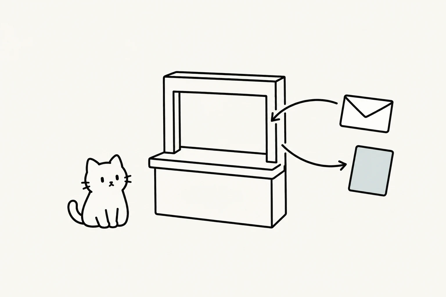 問い合わせの封筒と返事のカードが往復する窓口を見ているゴロニャン
