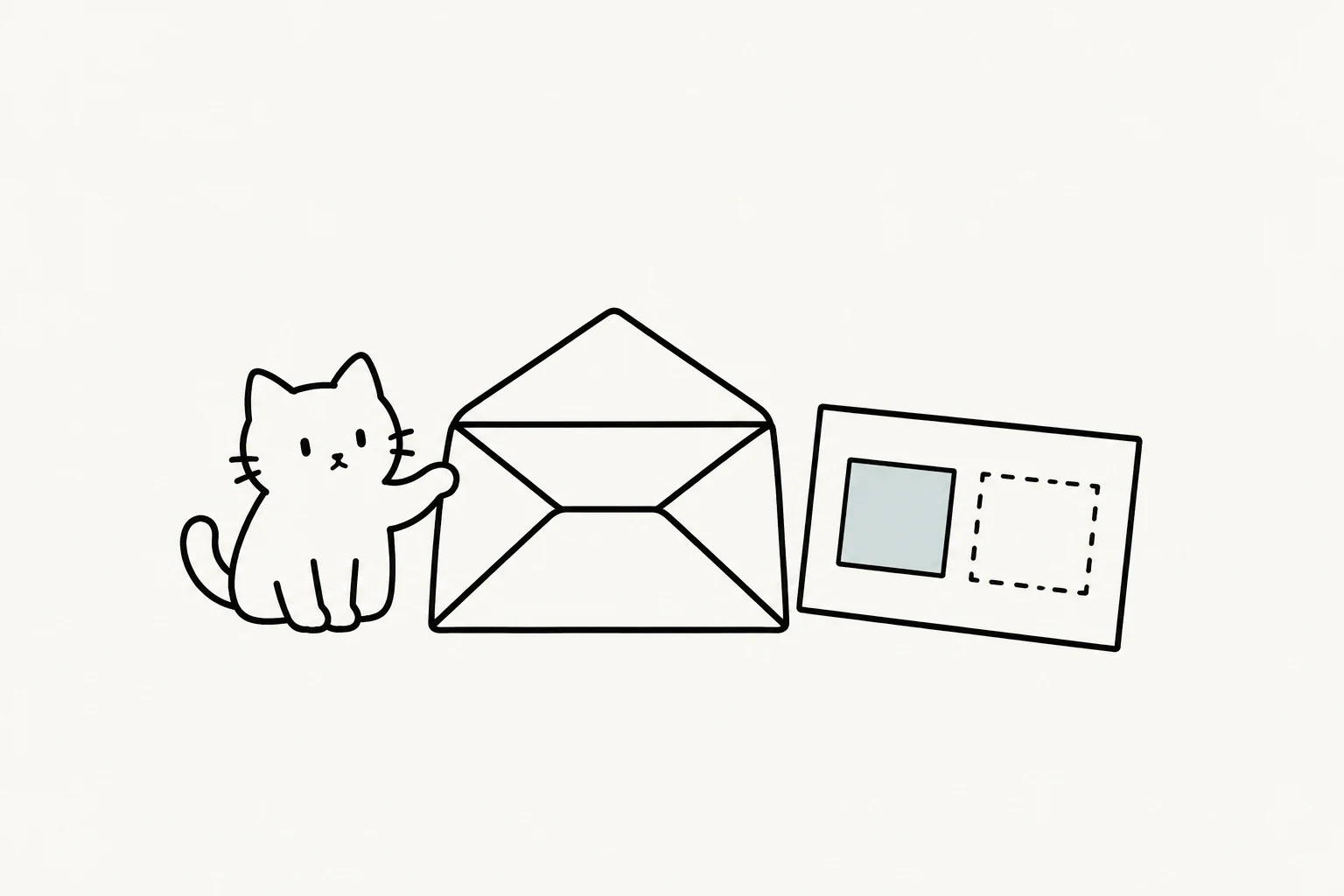 できることと制限を表す案内カードを用意し、送信前の封筒を押さえるゴロニャン