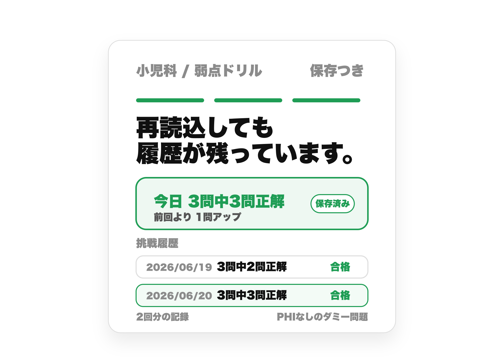 再読込しても消えない弱点ドリルの履歴画面。2026年6月19日の3問中2問正解と、2026年6月20日の3問中3問正解が並んでいる