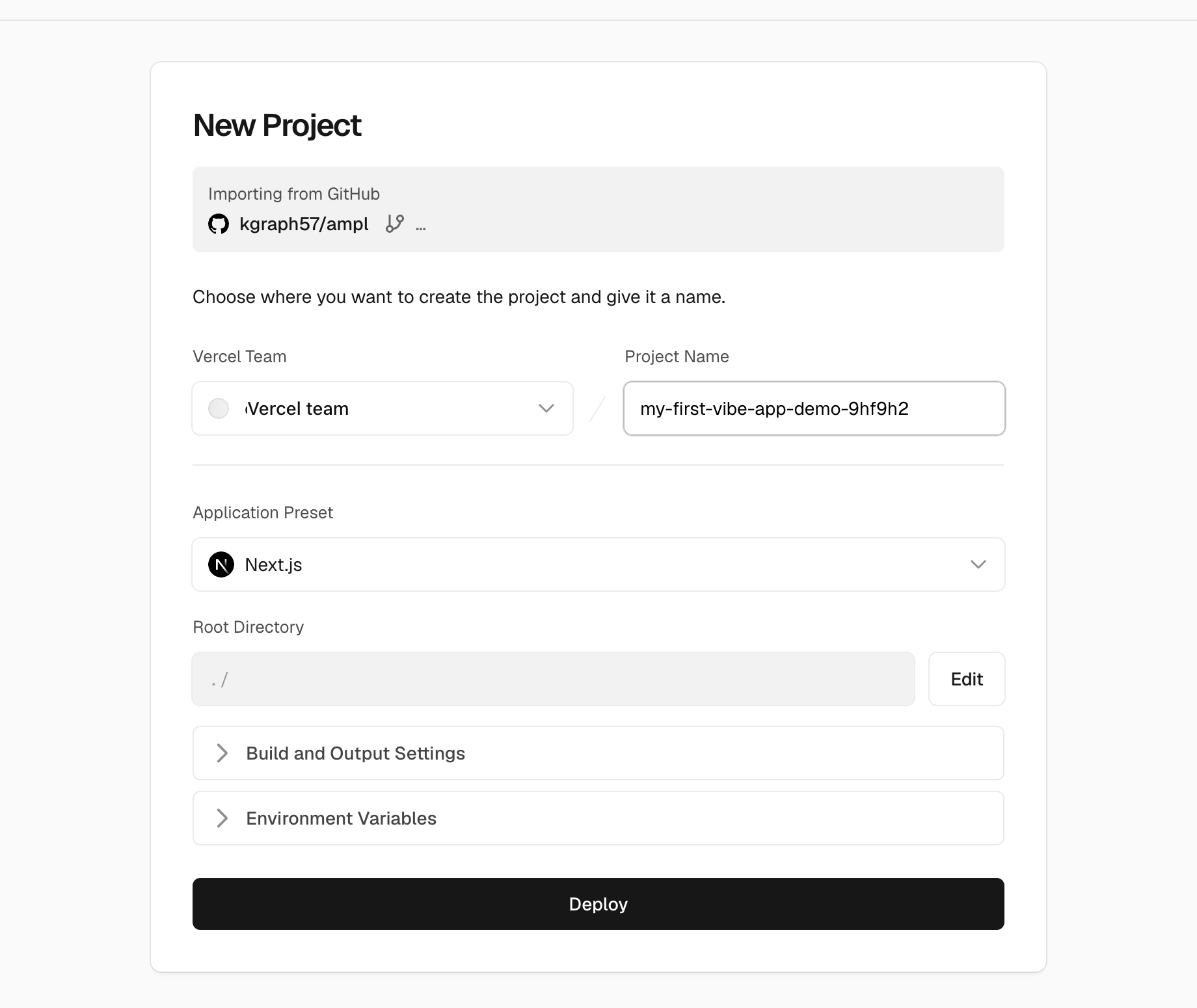 VercelのNew Project設定画面でProject Name、Next.jsプリセット、Deployボタンが表示されている画面