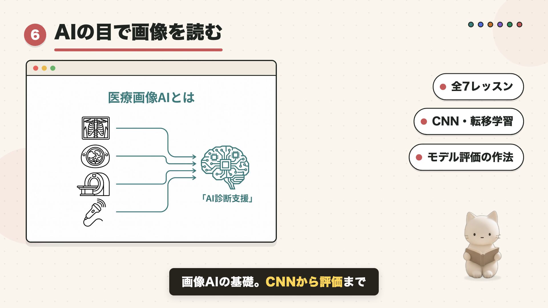 解説動画のワンシーン。ブラウザ風ウィンドウの中に医用画像AI講座の実物の図解が表示されている