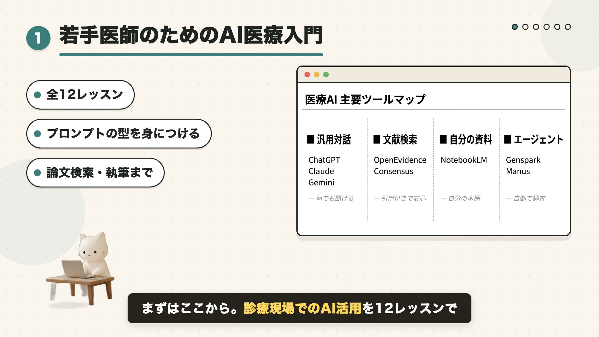解説動画のコース紹介シーン。左上に番号バッジ付き見出しと色付き下線、左側に3つの箇条書きピル、右にブラウザモック、下部に字幕バー
